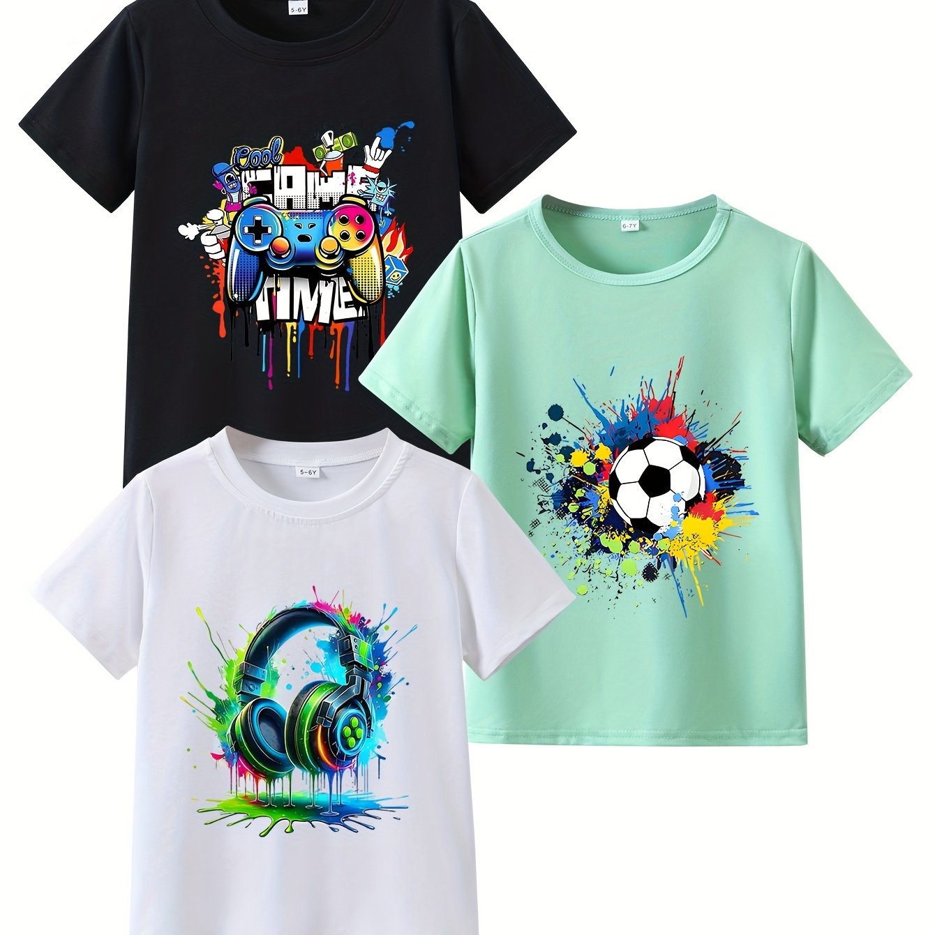 E-shop Set mit drei Kurzarm-T-Shirts für Jungen mit einem Sommer-Splatter-Muster-Druck mit 'Game and Sports Elements'