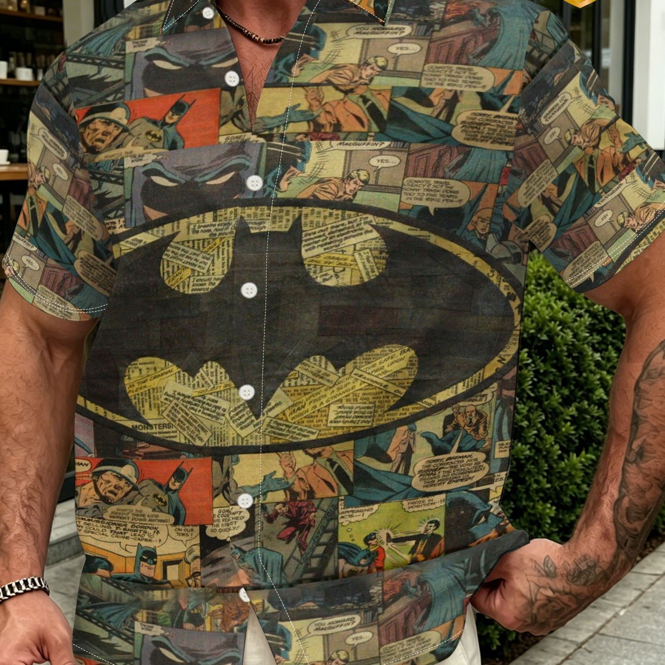 TEMU Men's Hawaiian Shirt - Batman Print Button-up Short Sleeve, Loose Fit Beach Vacation Shirt, Ideal For Surfing, Poolside Activities, And Casual -