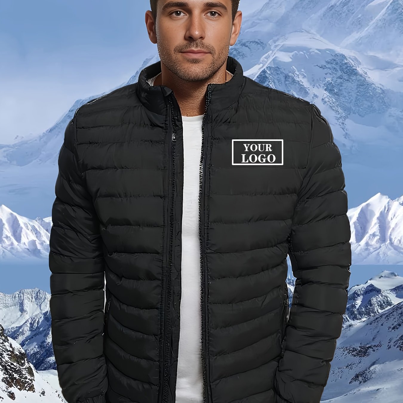 TEMU Thickened Jacket Custom Winter Warm Long Sleeve Top, Stand Collar Coat, Printed Logo Pattern Photo, Casual Comfortable, Corporate Uniform,