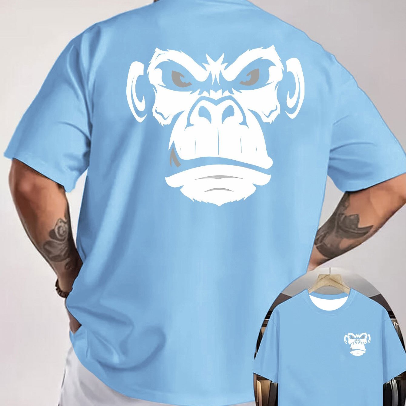 TEMU [printed Design - Not Textured] Angry Gorilla Portrait Men's Short Sleeve T-shirt, Back Large Pattern Front Design, Wild Trendy Style, Suitable