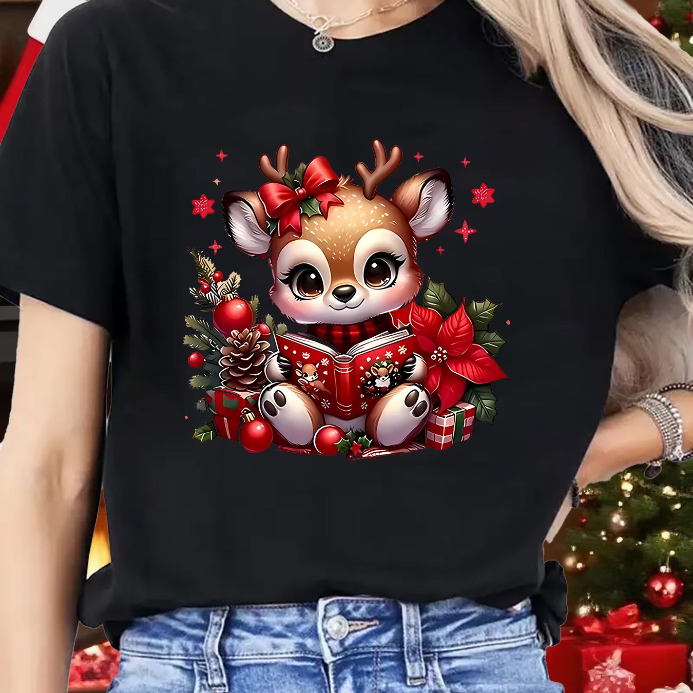 TEMU Christmas Theme One-piece Autumn Short Sleeveâcartoon Reindeer Holding Book Christmas Bouquet Pattern Print, Suitable For Sports, Fitness,
