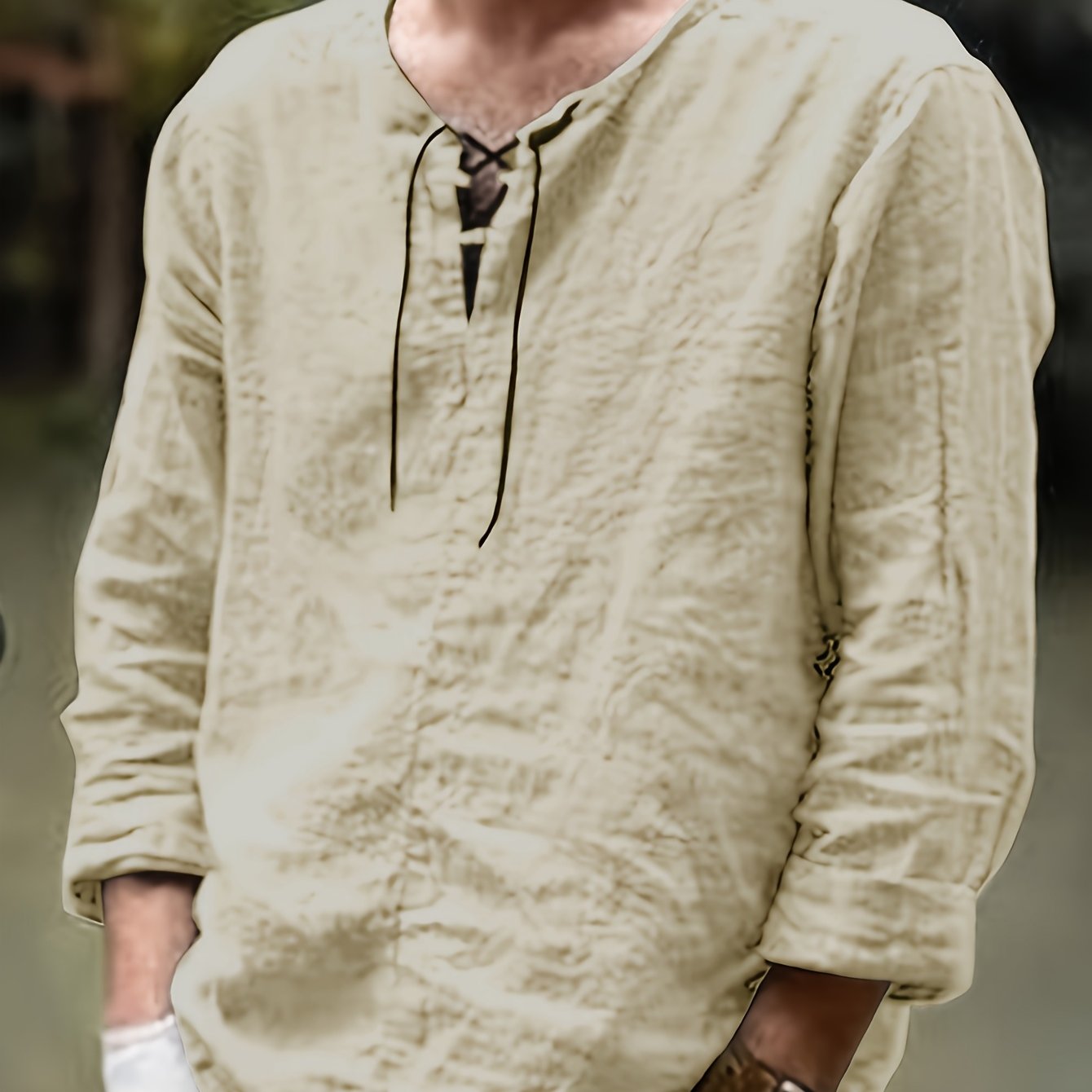 2023 Spring/autumn New European And Men's Casual Loose Solid Color Drawstring Long Sleeve Shirt Linen Stand Collar Shirt