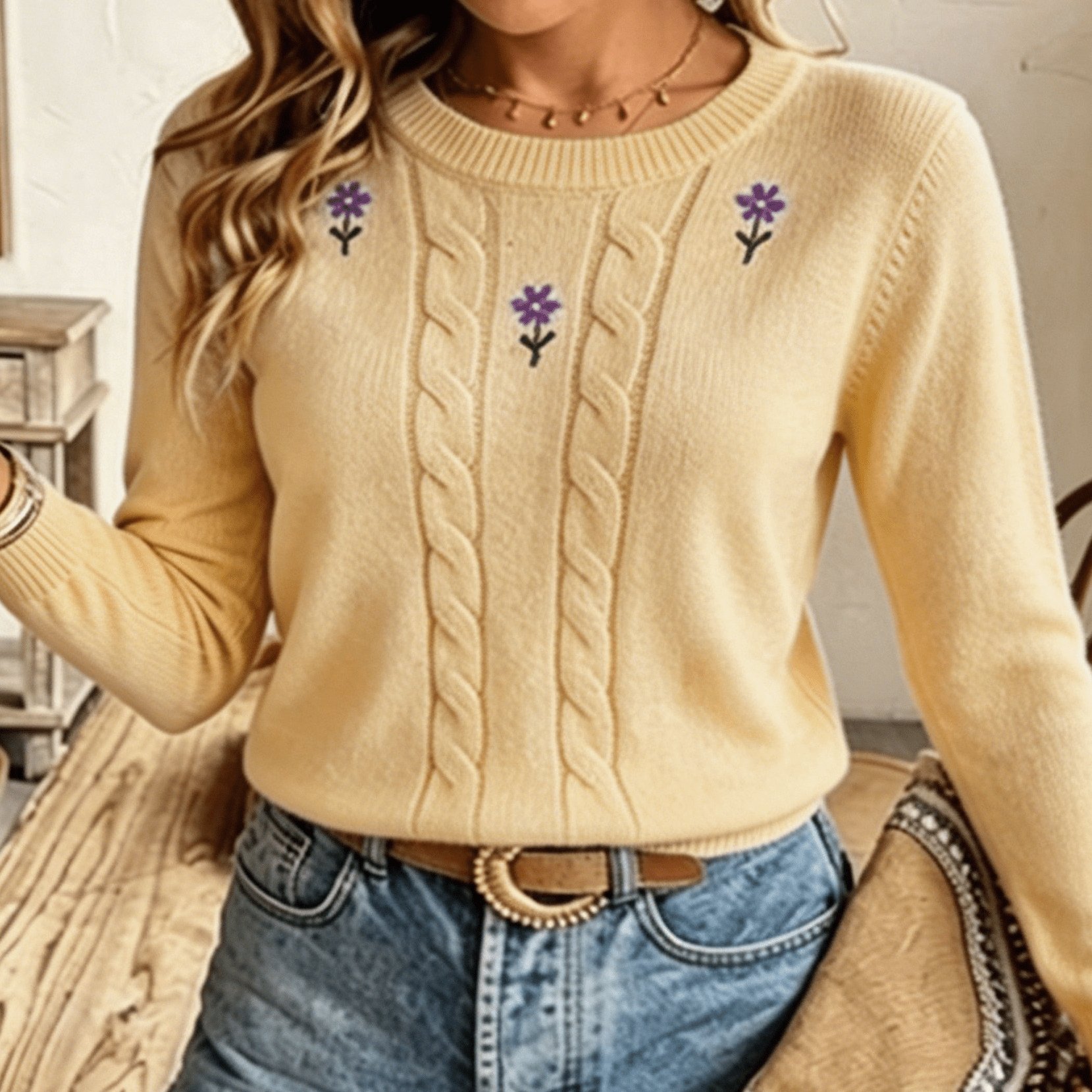 TEMU 2026 Spring/autumn New Floral Embroidery High-waist Sweater, Round Neck Pullover Long Sleeve Cable