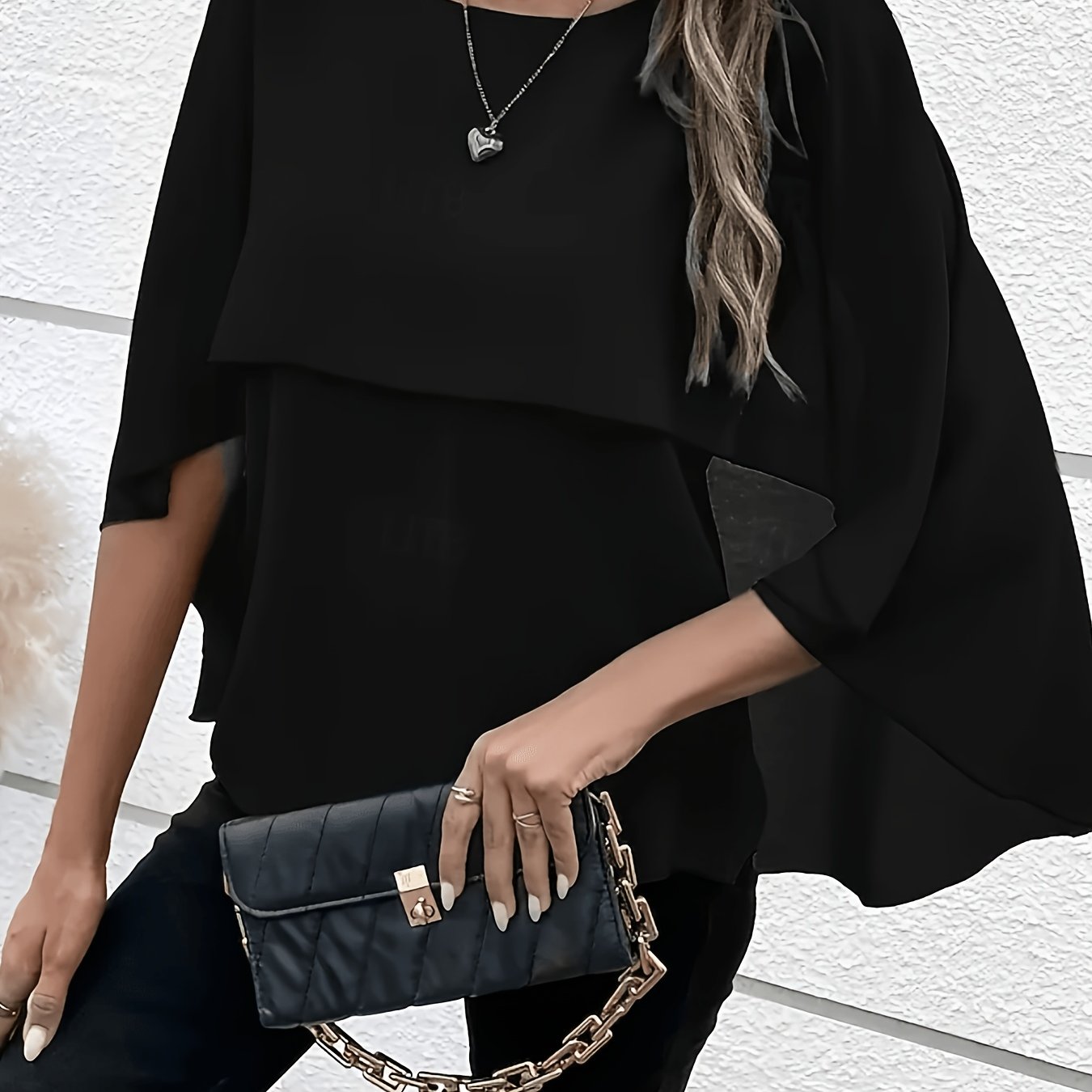 TEMU Plus Size, Women's Pleated Solid Casual Three-quarter Sleeve Round Neck Top, For Daily Wear, Suitable For Spring, Summer, And Autumn [d112]
