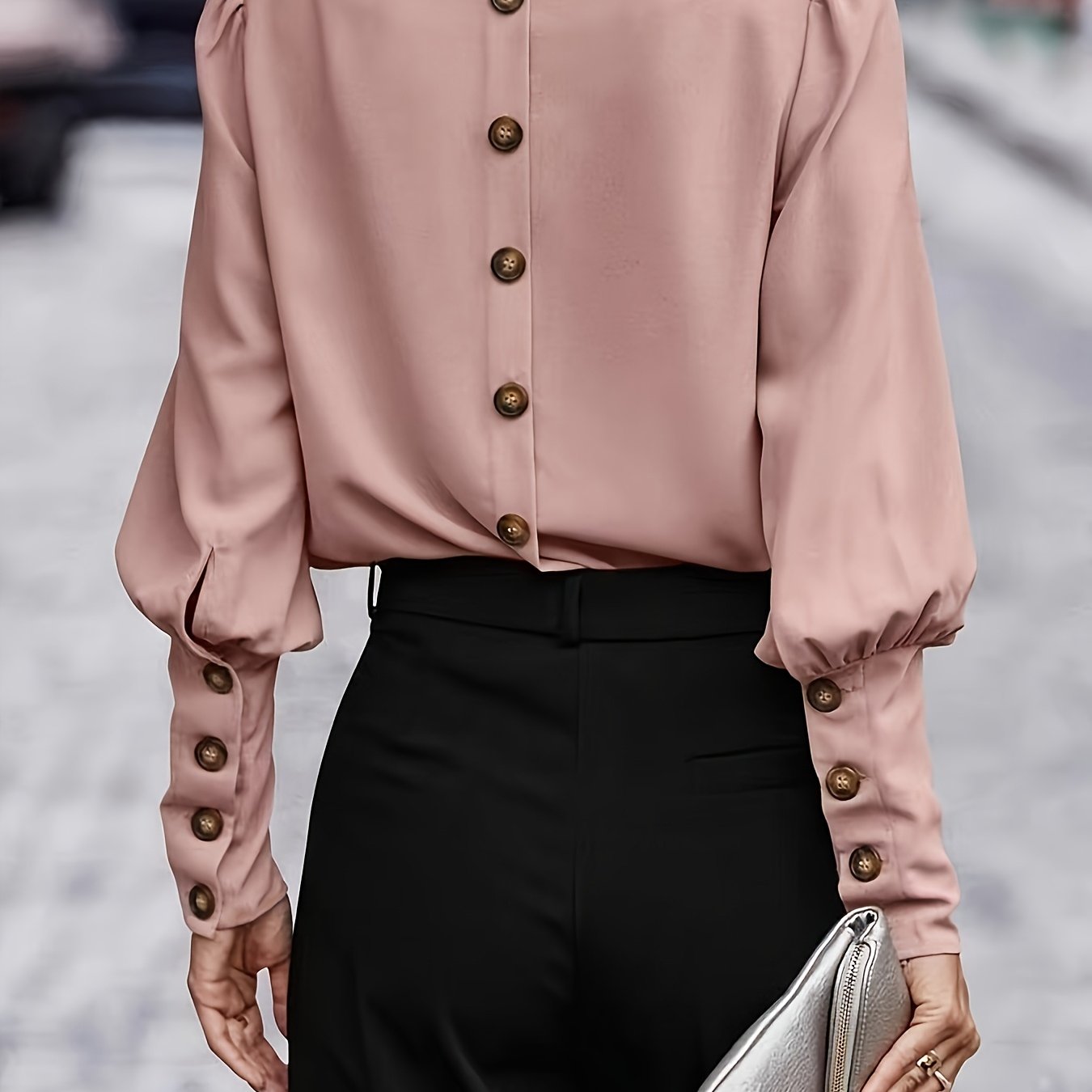TEMU Spring/autumn Fashion New Women's Top, Elegant Solid Color Decorative Button Round Neck Long Sleeve T-shirt