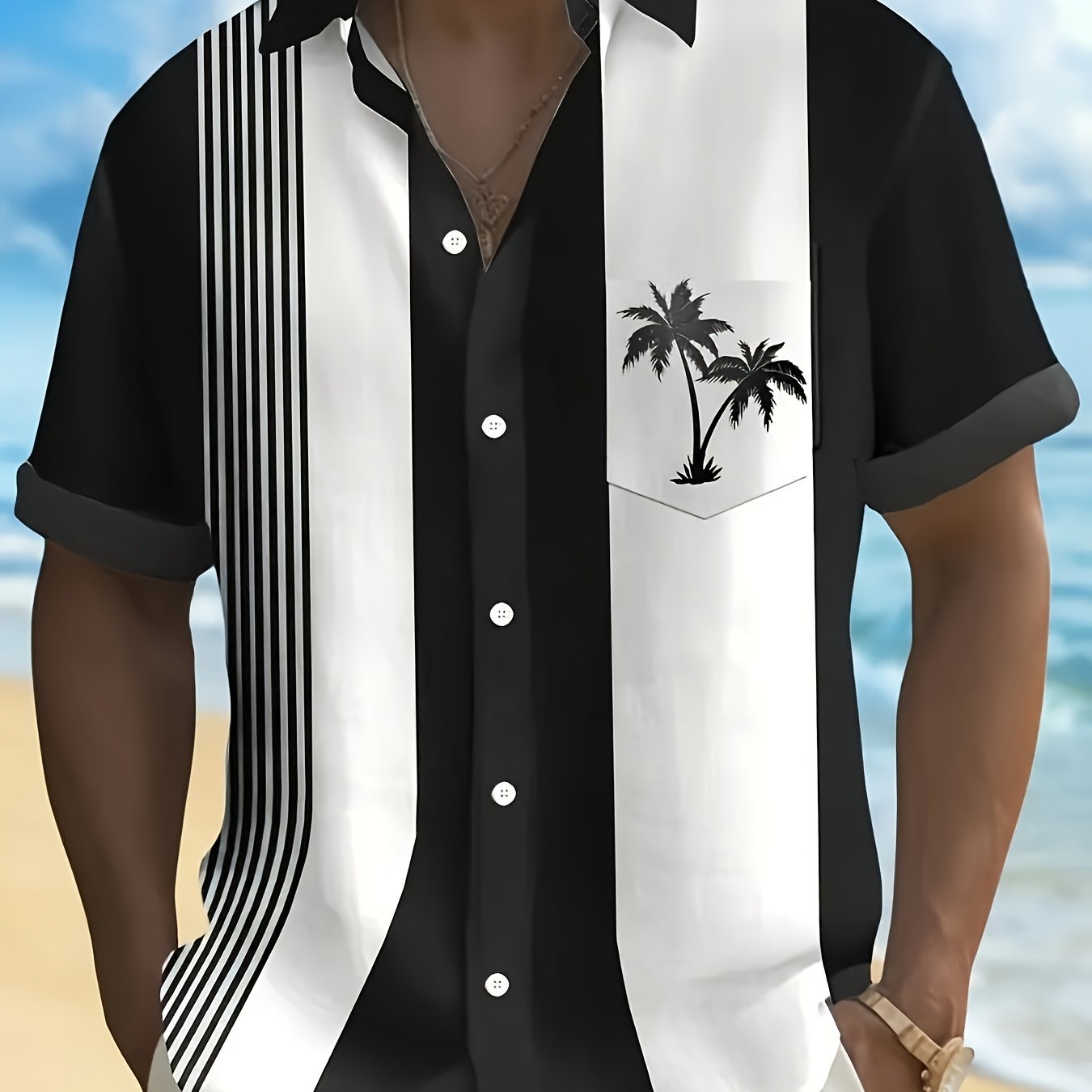 TEMU Chemise Hawaienne Vintage pour Homme avec d'Arbre à , Manches Courtes, Poche à Boutons, Polyester 100%, Double Boutonnage, Col , Détente , Tissu