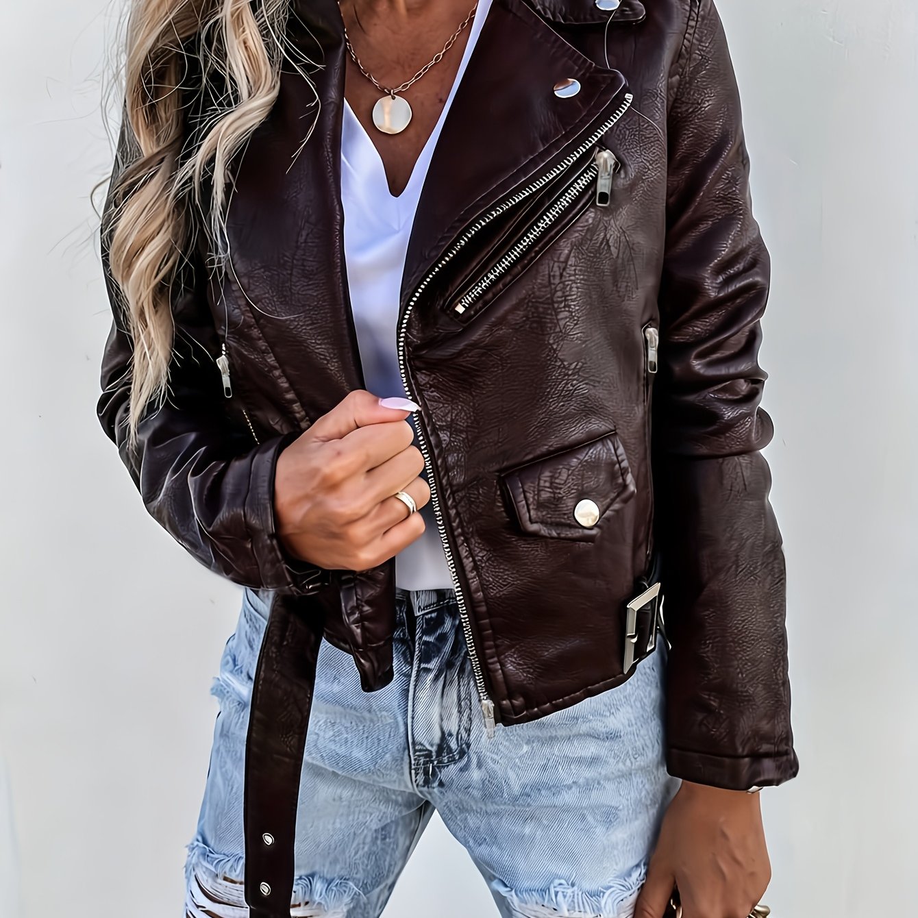 TEMU Chaqueta Corta de Mujer para /Otoño con Solapa, Estilo Biker Único, Elegante y Moderno, Color Sólido con Cinturón y Bolsillos, Abrigo con