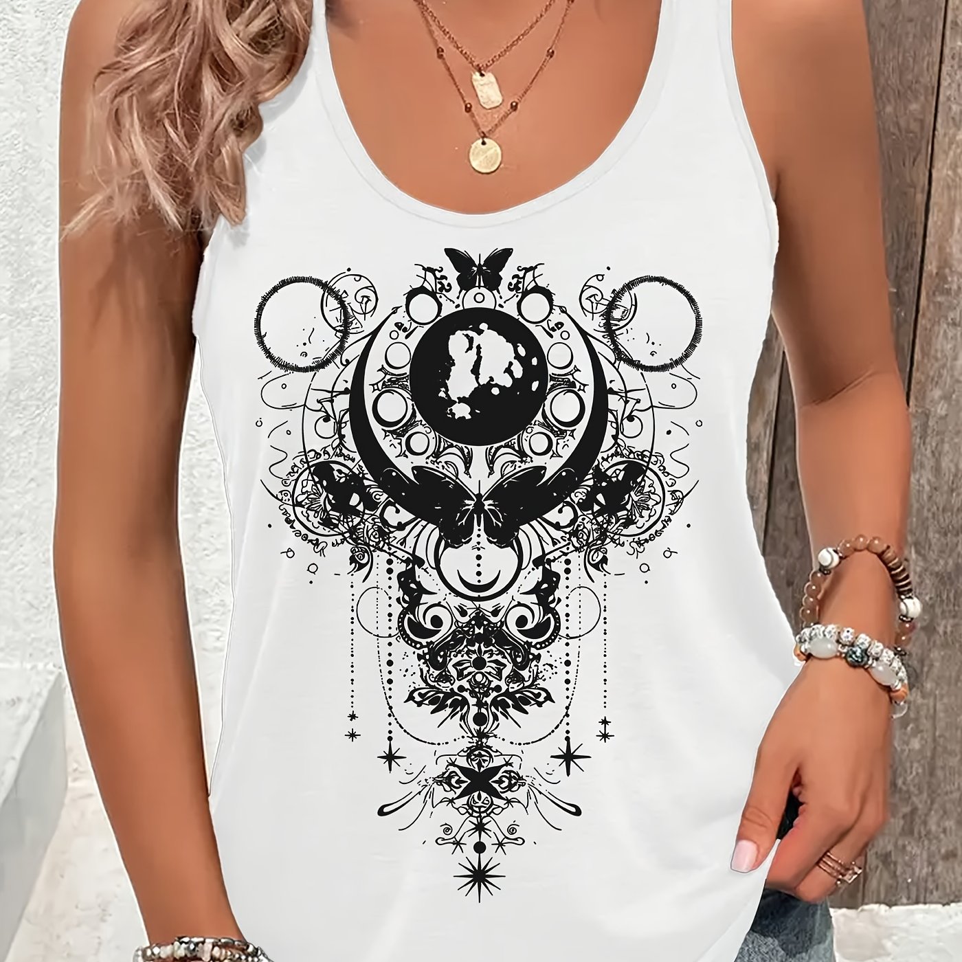 TEMU Ladies' Star And Design, Print, Casual Off-shoulder Sleeveless Round-neck Loose Tank Top, Comfortable, Easy, And Breathable