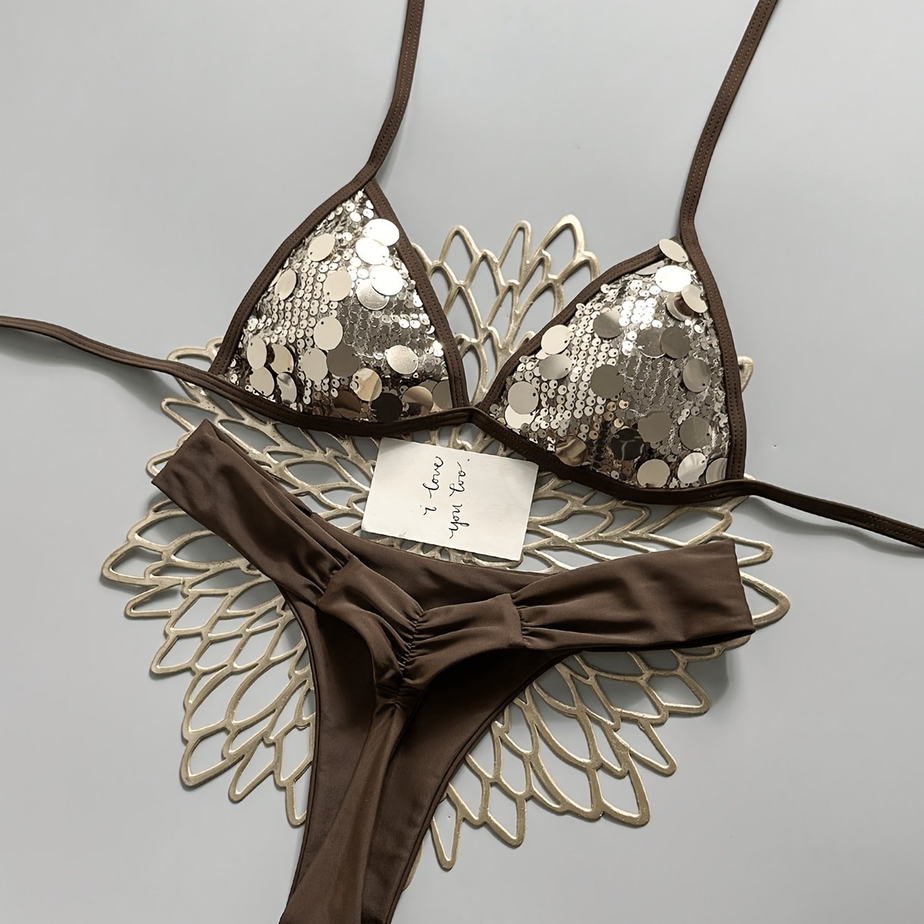 TEMU Western Hot Zilverkleurige Pailletten Halter Bikini Set, Strappy Driehoek Cup Dij- Kleur Tweedelige Badpak, Strandvakantie Spa Sprankelende