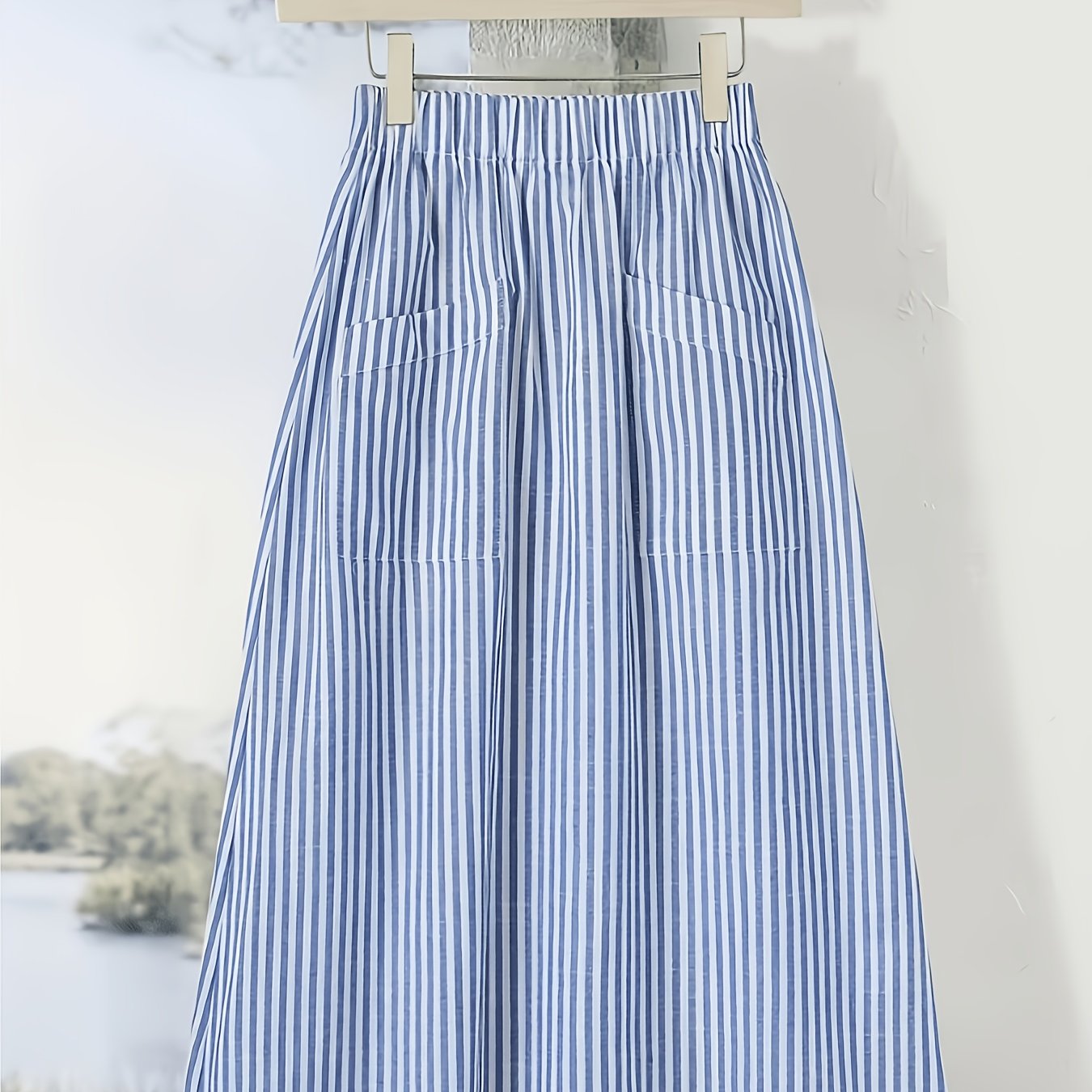 Image of Blue And White Striped High-waist A-line Skirt For Women, Summer Elastic Waist Flared Maxi Skirt With Pockets, Slightly Sheer