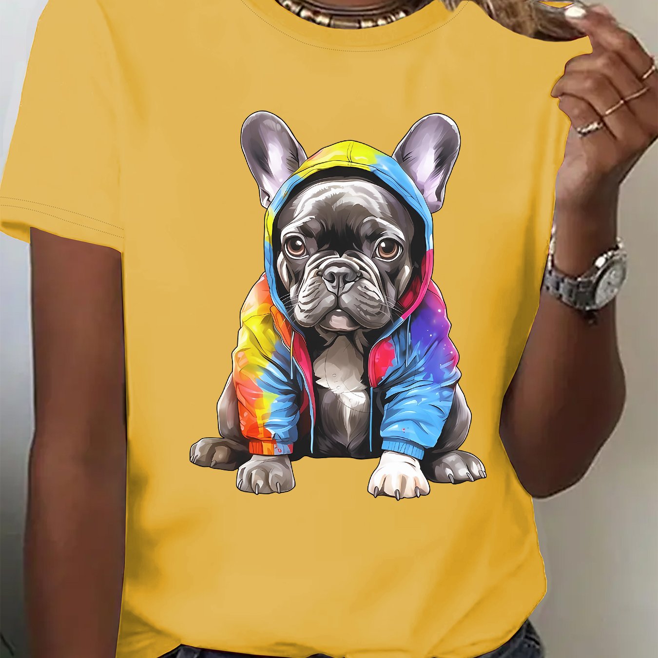TEMU Women's French Bulldog Print T-shirt - Cute Frenchie Dog Short Sleeve Summer Top, Round Neck Casual Blouse For French Bulldog Lovers