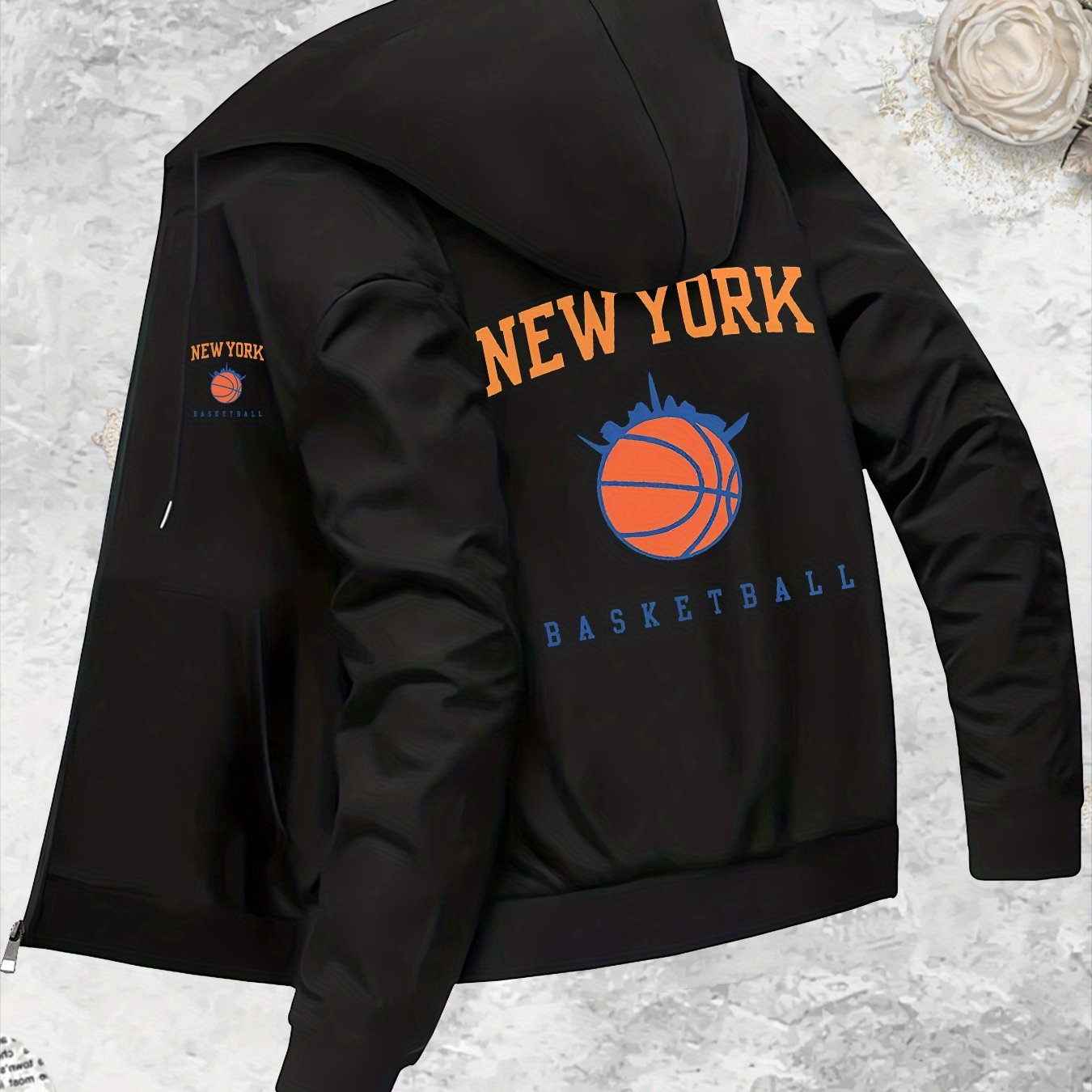 TEMU Men's Casual Pocket Zip Jacket, Basketball Pattern Outdoor Casual Sports Jacket, Autumn And Multipurpose Zip Hooded Jacket