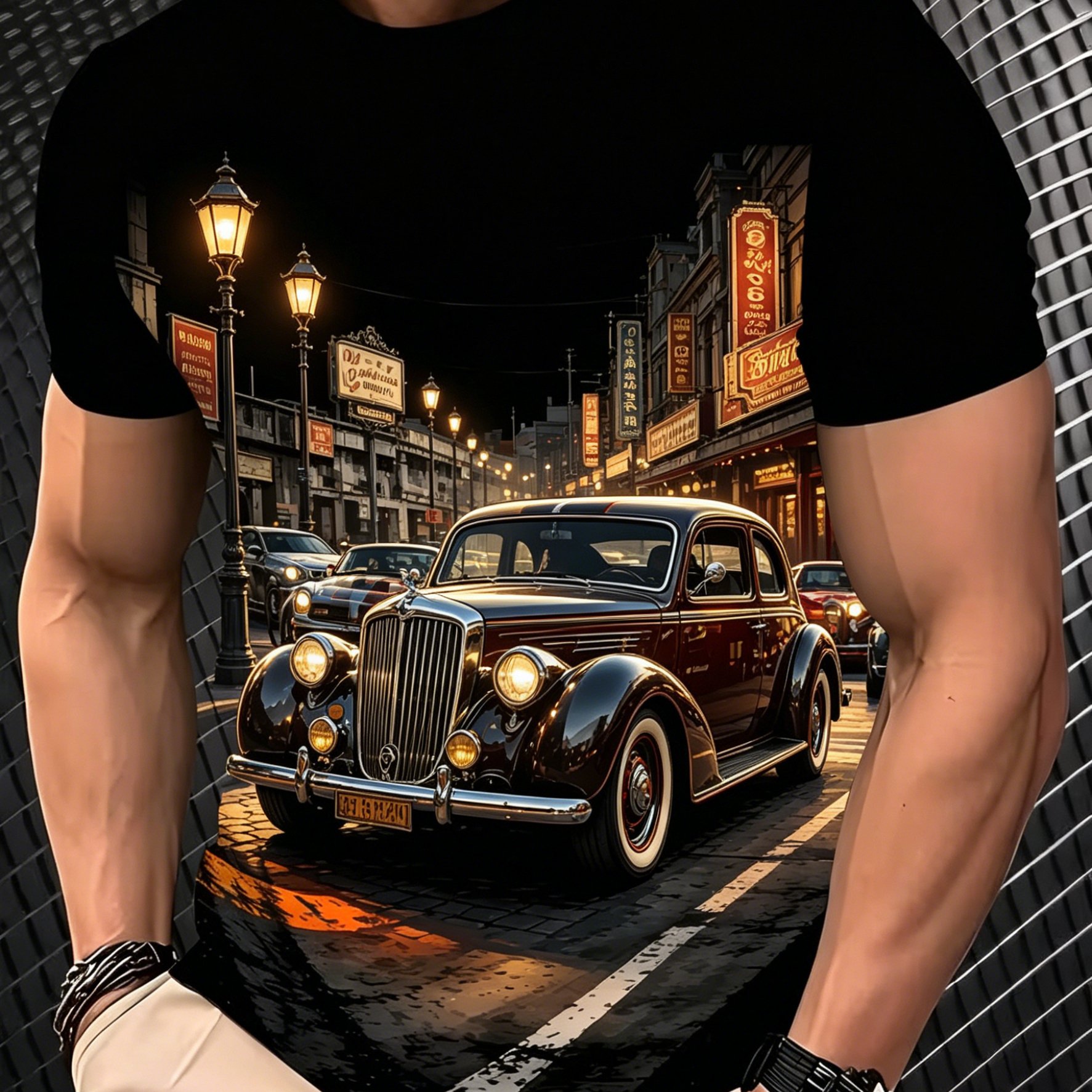TEMU [print Design-not Textured] Vintage Classic Car Night Scene Print Plus Size Men's Short Sleeve T-shirt, Plus Size Loose Fit Round Neck Casual