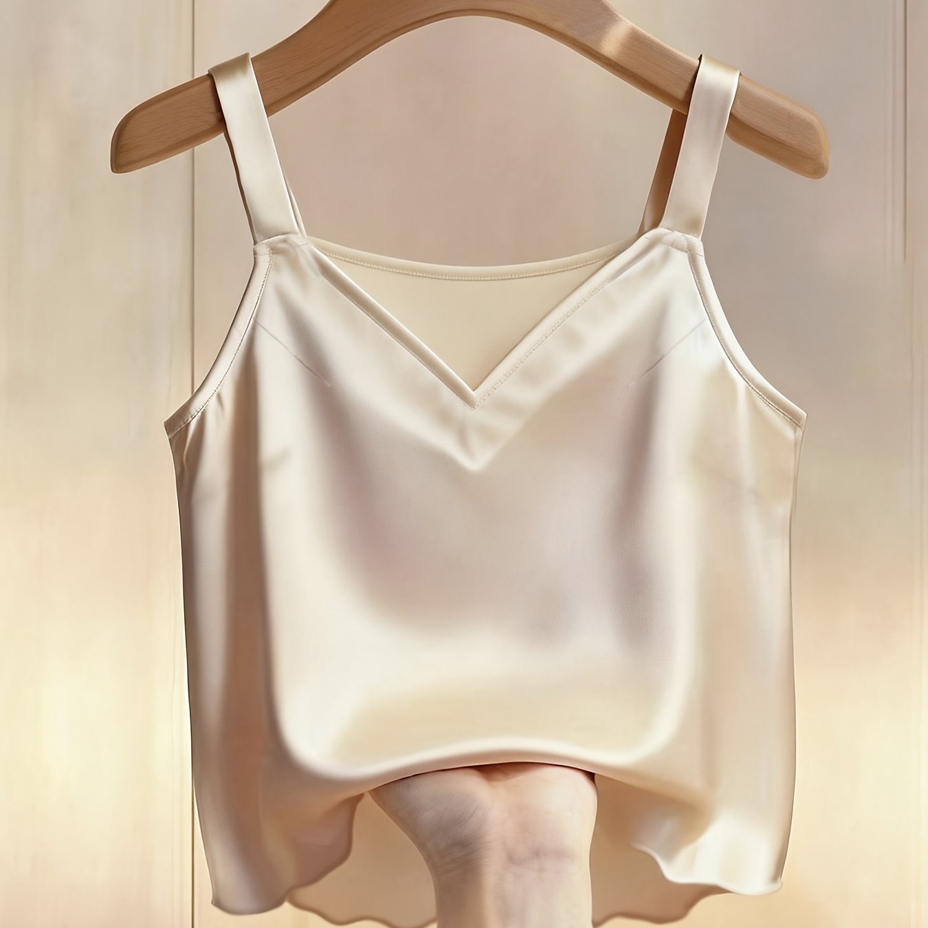 TEMU Women's Clothing Elegant Satin V Neck Spaghetti Strap Sleeveless Top Tank Top Weekend Casual
