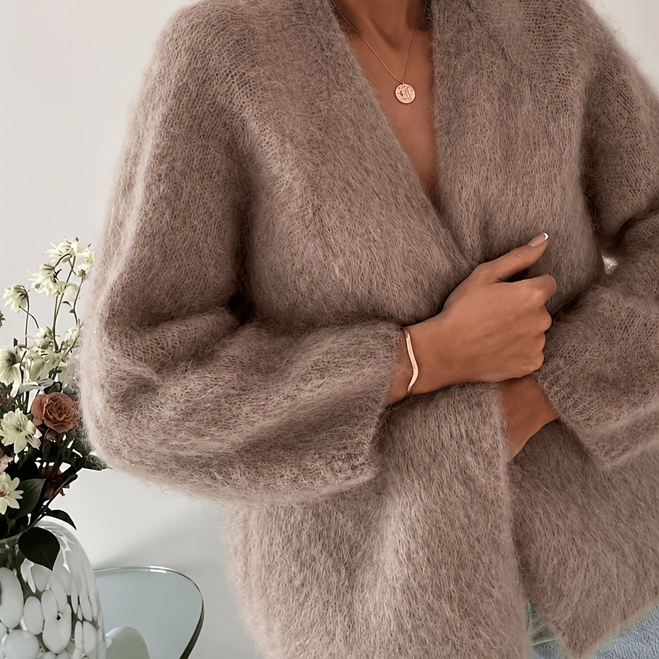 TEMU Ladies' Luxury Terrycloth Wool Hair Needle Cardigan, Open-front Fluffy Elegant Style Sweater Cardigan, Comfortable And Lightweight Autumn Winter