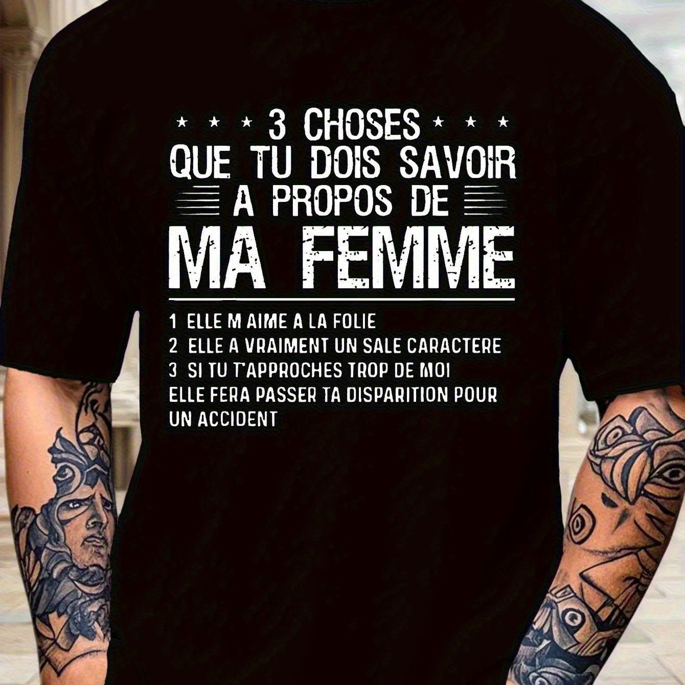 TEMU Men's French Graphic T-shirt - 3 You'll Giving A Woman Saying - Black Casual Everyday Shirt - Non-stretch Fabric - Fit - Conversation Starter