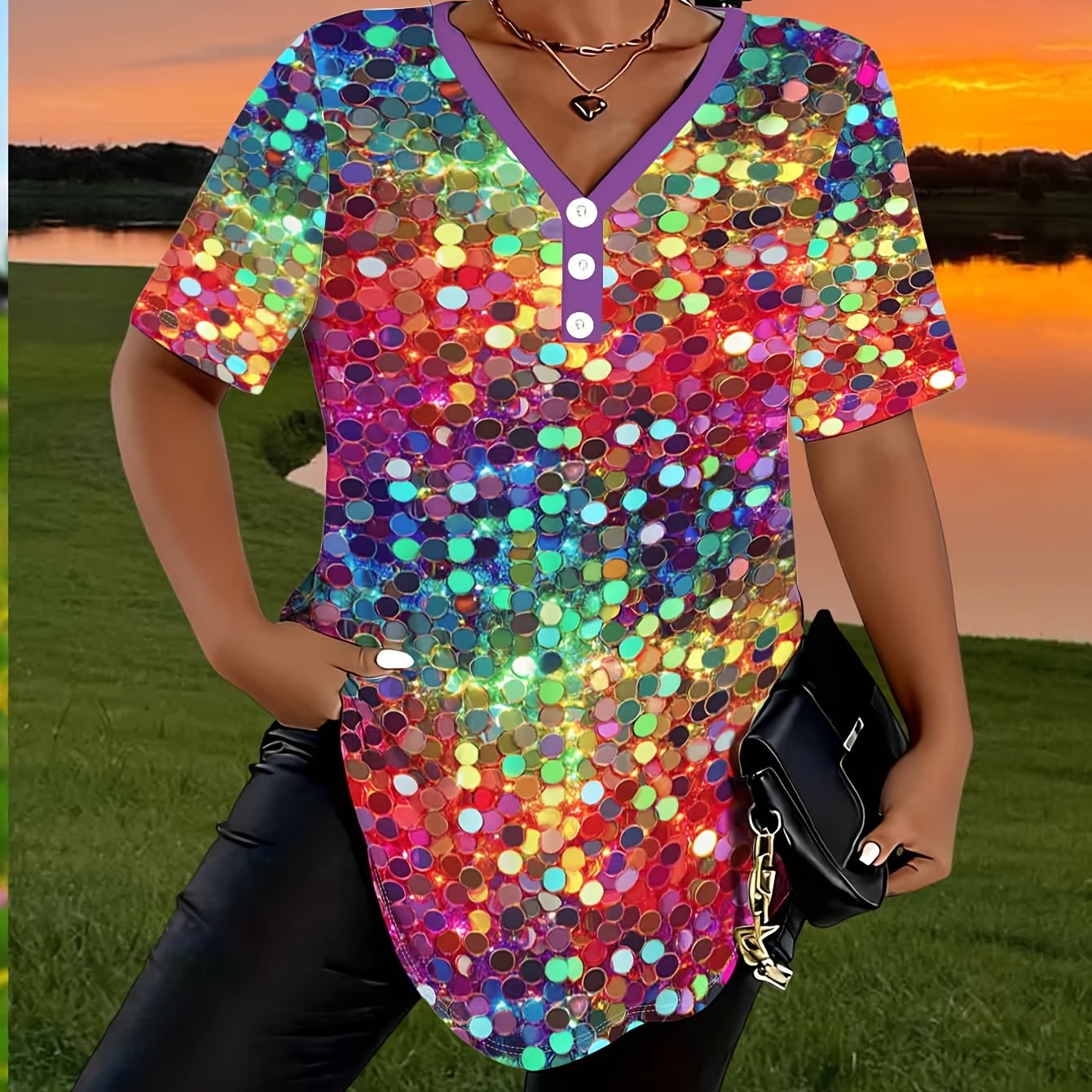 TEMU Women's Plus Size Sequin Pattern Polka Dot V-neck Short-sleeved Top, Women's Fashion Casual T-shirt, Plus Size Loose And Trendy Style