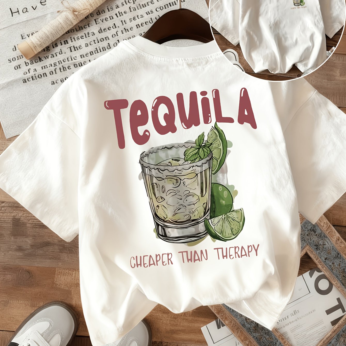 TEMU Double-sided Printed T-shirt, Exuding Island Style, Featuring Tequila And Lemon Elements In The Design, Women, For A Loose And Casual Wear