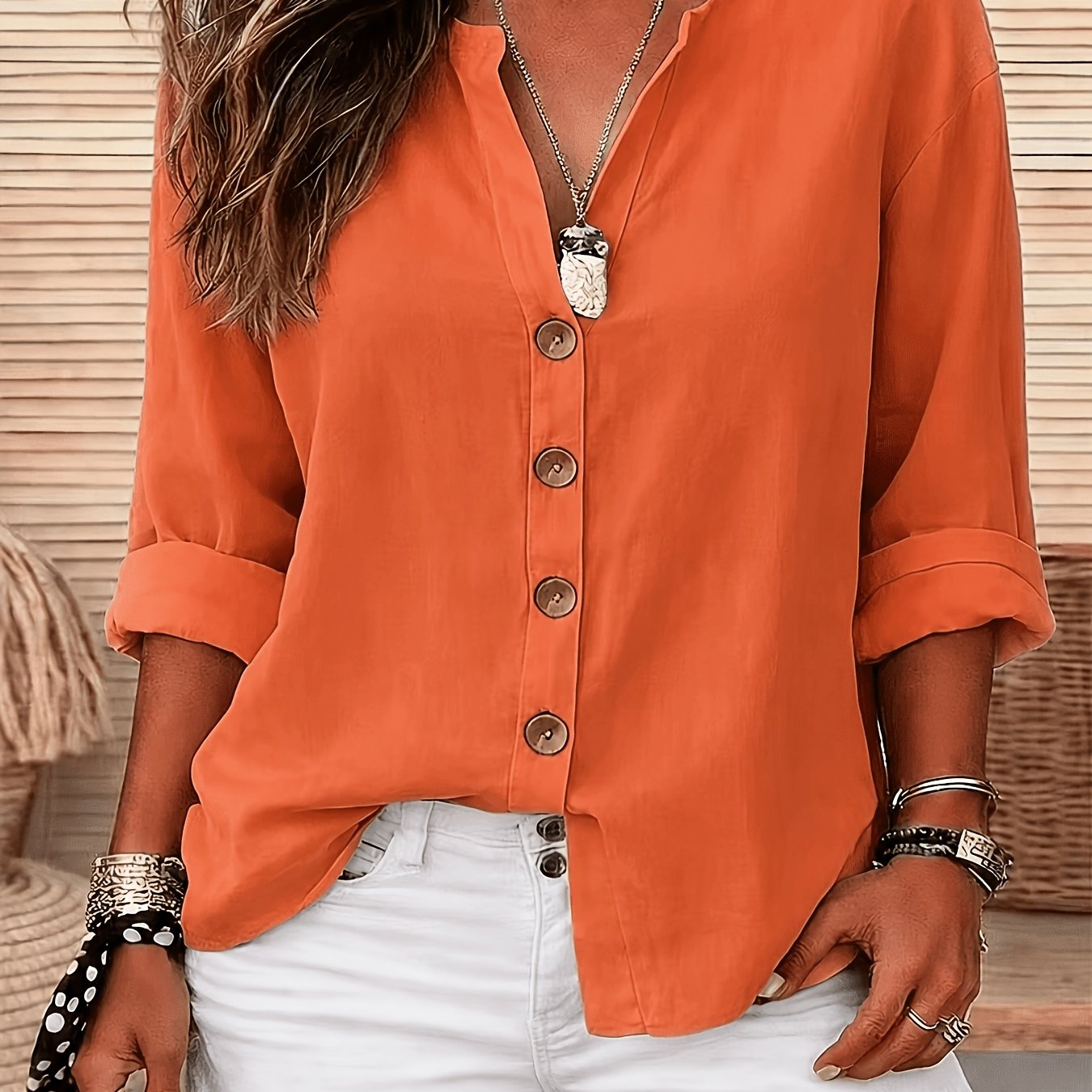 TEMU Solid Color Shirt, Round Neck With Buttons, Loose Fit, Suitable For Daily Wear, Spring/summer Women's Shirt