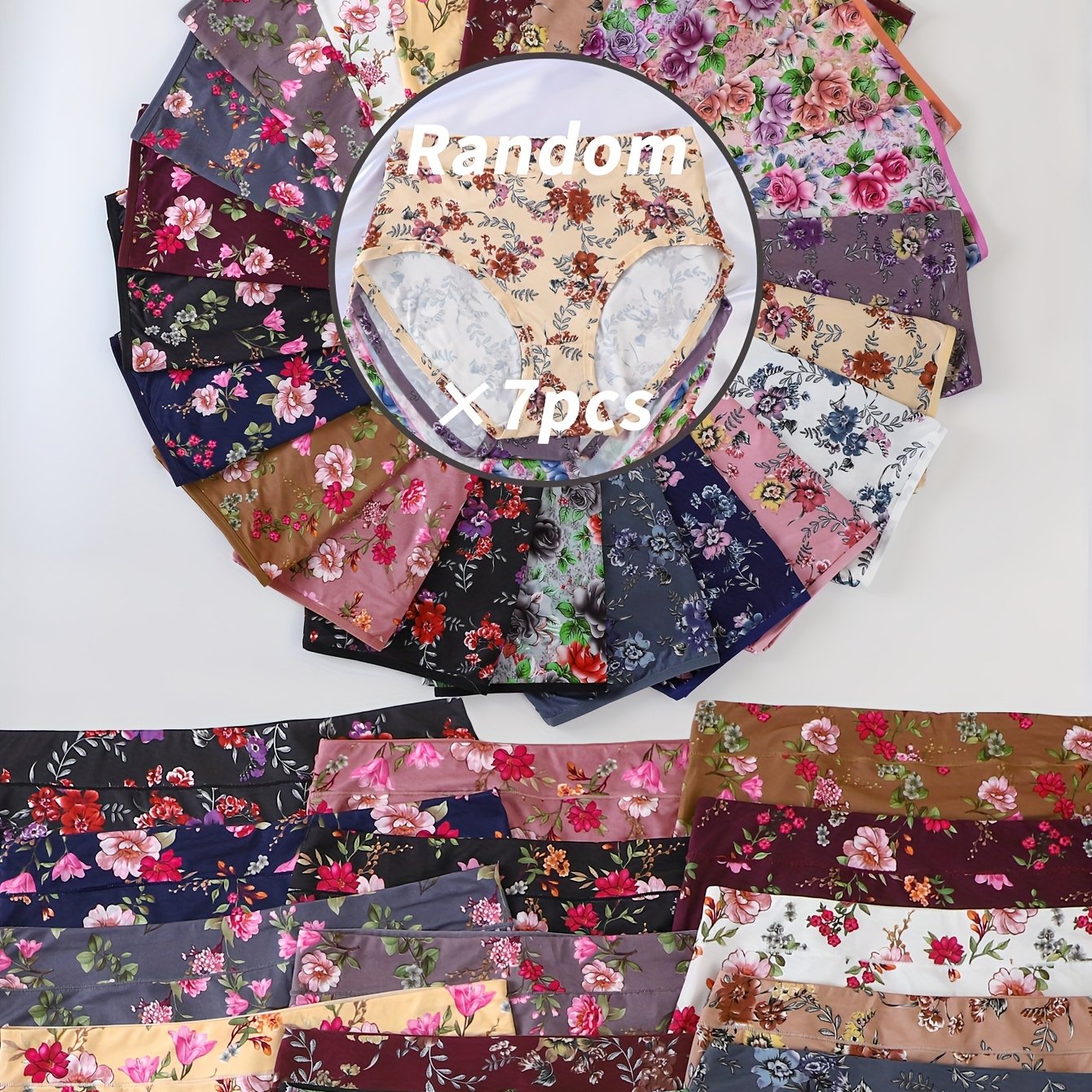 TEMU 7-pack Random Size Women's Panties, Comfortable Skin-friendly Rose Print High-waist Underwear In Assorted Colors
