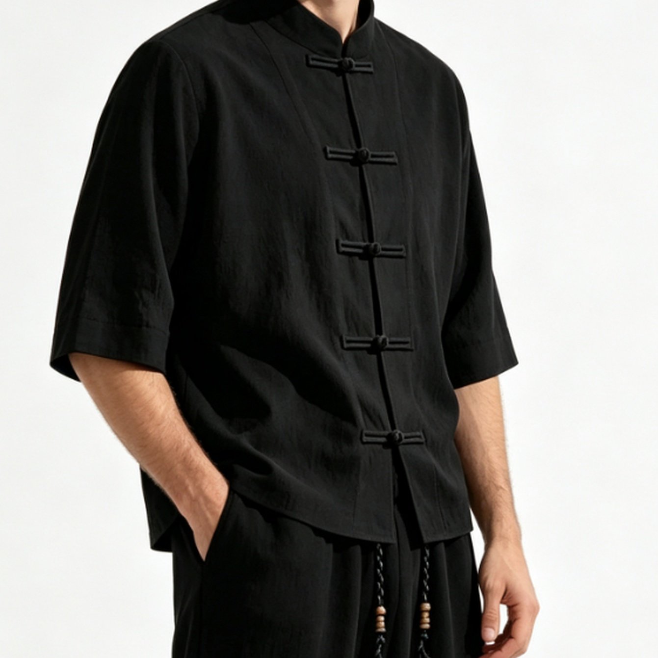 Image of New Chinese Style Men's Set Summer Solid Color Collar Three-quarter Sleeve Wide-leg Trousers Casual Thin Loose Comfortable Trendy 2pcs Set
