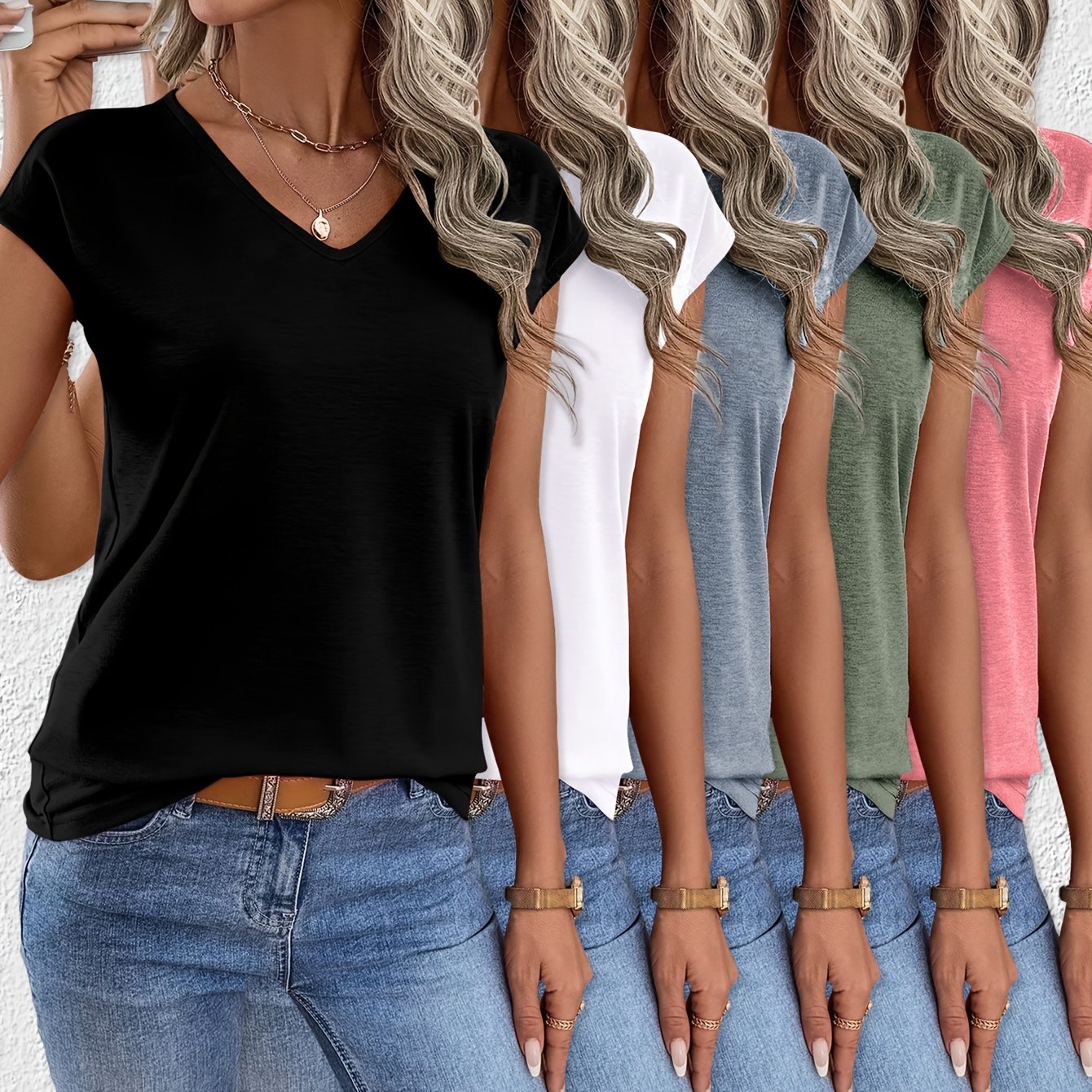 TEMU Summer New Arrival Casual Fashion Solid Color Covered Sleeve V-neck T-shirt Five-pack