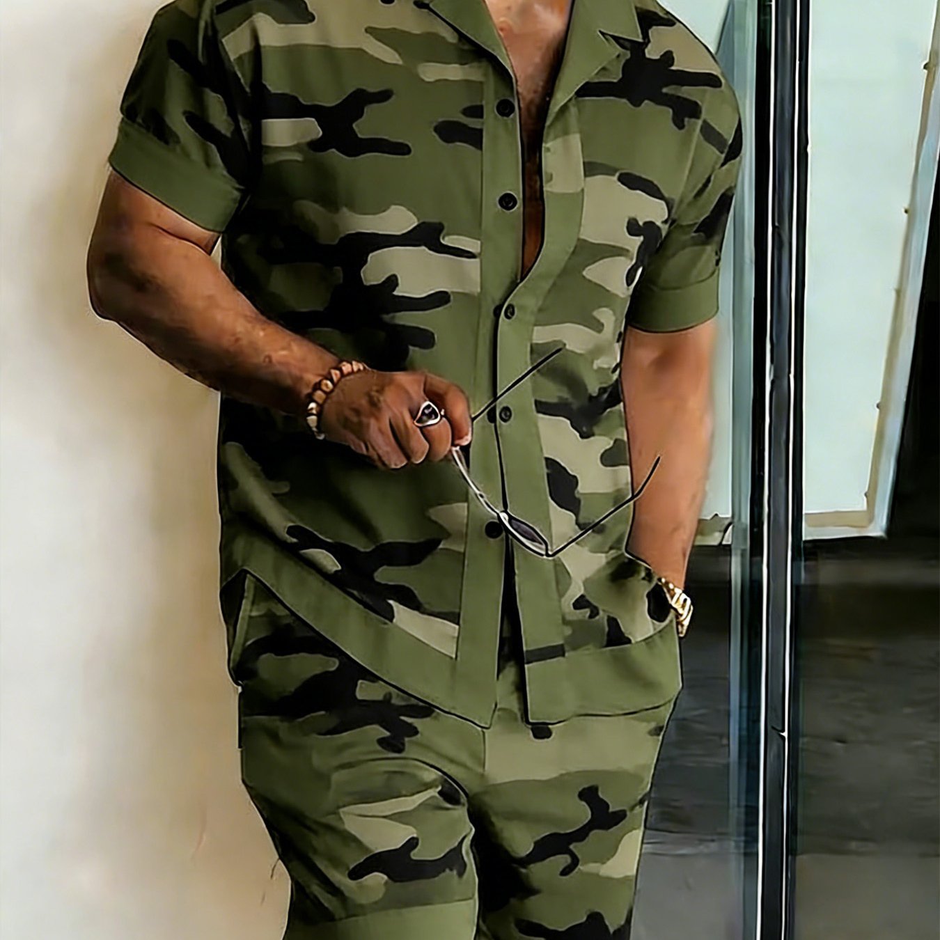 2pcs Men's Short-sleeved Casual Shorts Set, Fashionable And Versatile Basic Outfit, Suitable For Four- Leisure And Outdoor