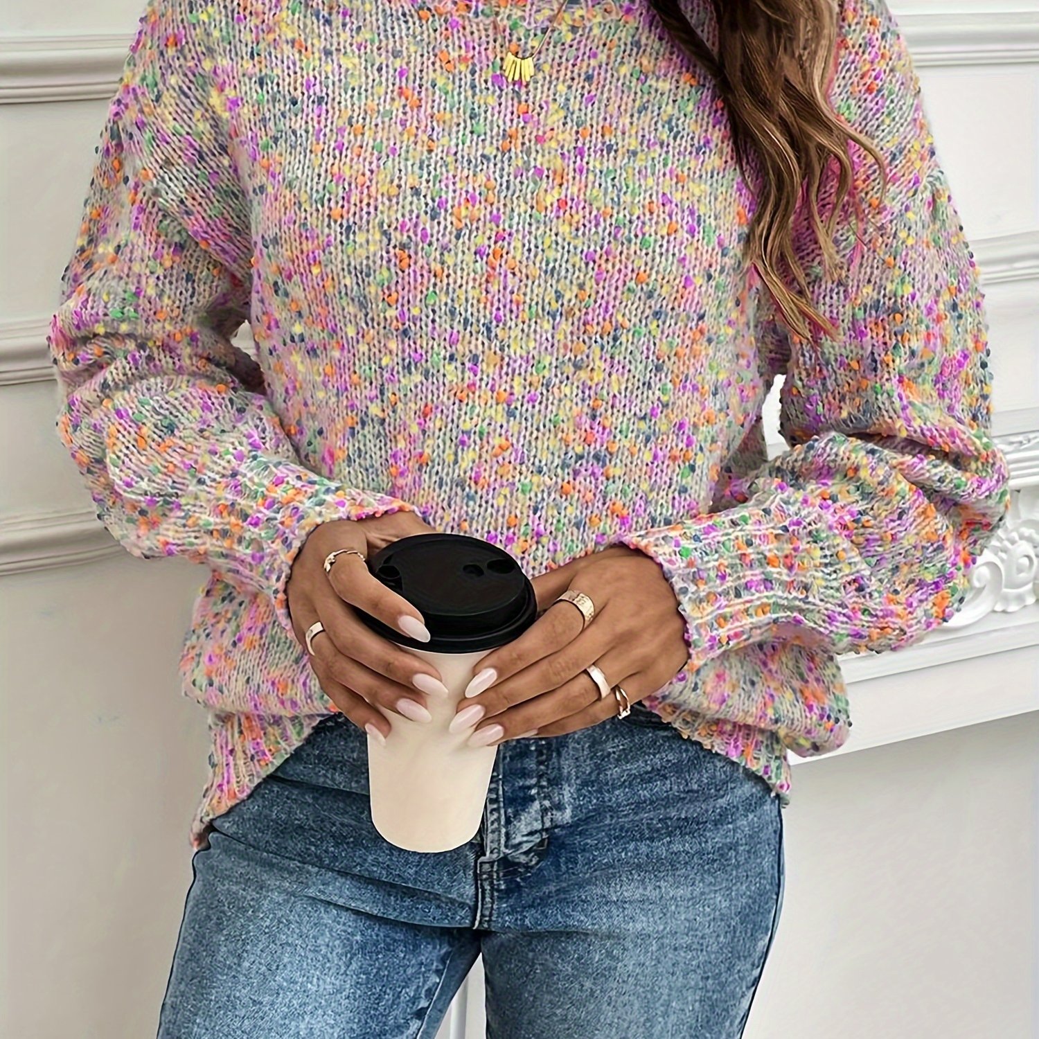 Image of Women's Casual Color Block Crew Neck Pullover - 60% Acrylic 40% Polyester Knit Fabric, Long Sleeve Fall/winter Sweater With Ribbed Detail