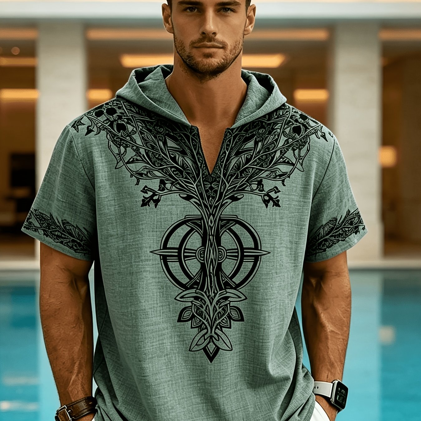 TEMU T-shirt à capuche Arbre de Vie pour homme - Haut à manches courtes style streetwear européen et américain avec capuche, imprimé Arbre de Vie,