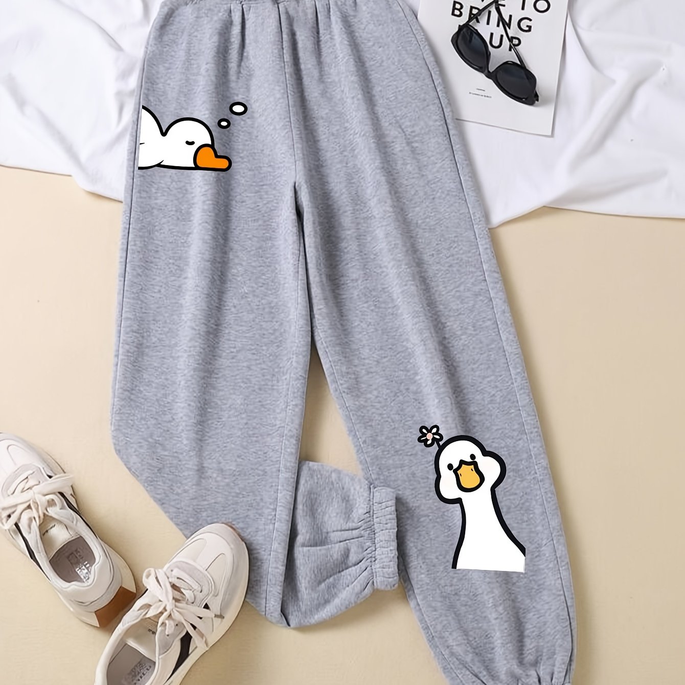 TEMU Cute Cartoon Print Black/gray Women's Jogger Pants, Loose Fit Casual Sweatpants, Versatile Pants, Must-have In Adorable Style! Cartoon Print