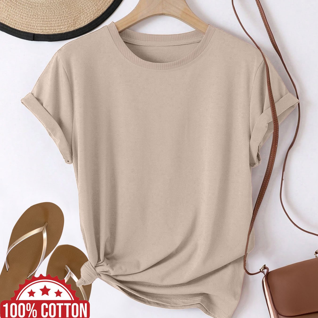 Solid Color Single Piece Ts Fashion Casual Spring/summer Women's T-shirt, Short Sleeve, Round Neck, Pure, 's Top