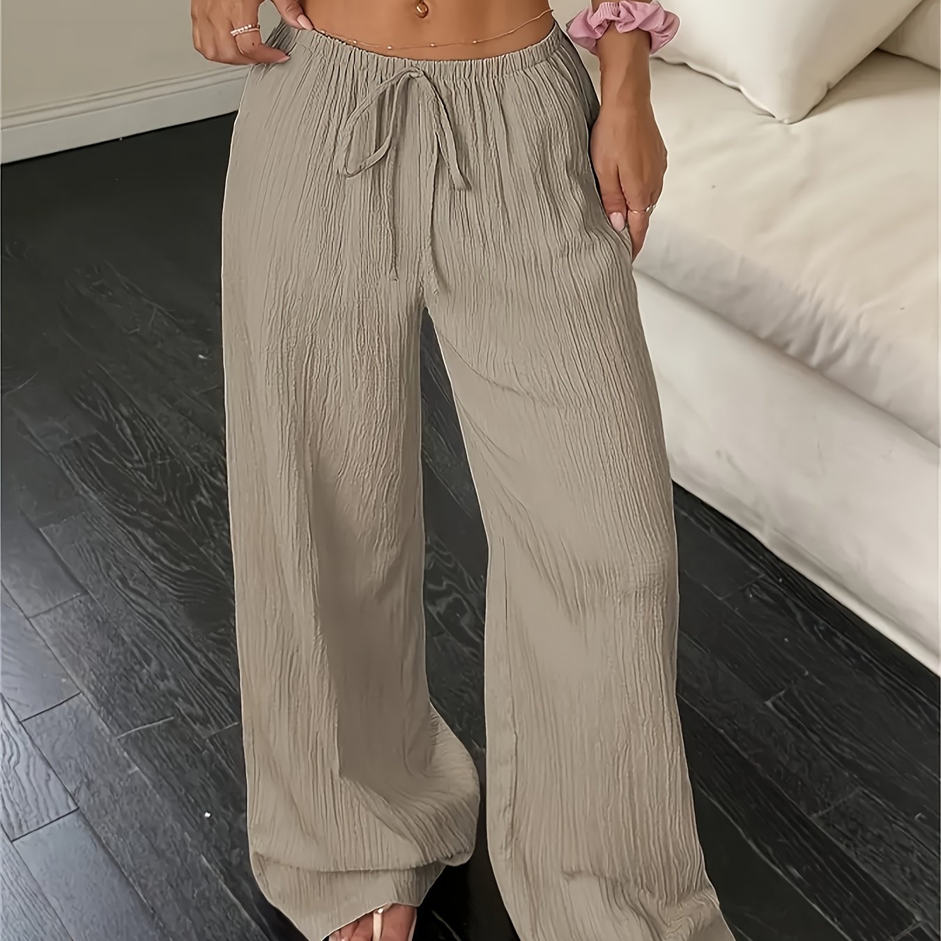 E-shop Damenmode Casual Khaki Einfarbige Elegante -Drawstring Gerade Bein Hose - Frühling, Sommer Herbst Einfarbige Maschinenwaschbare Hose, Vielseitig