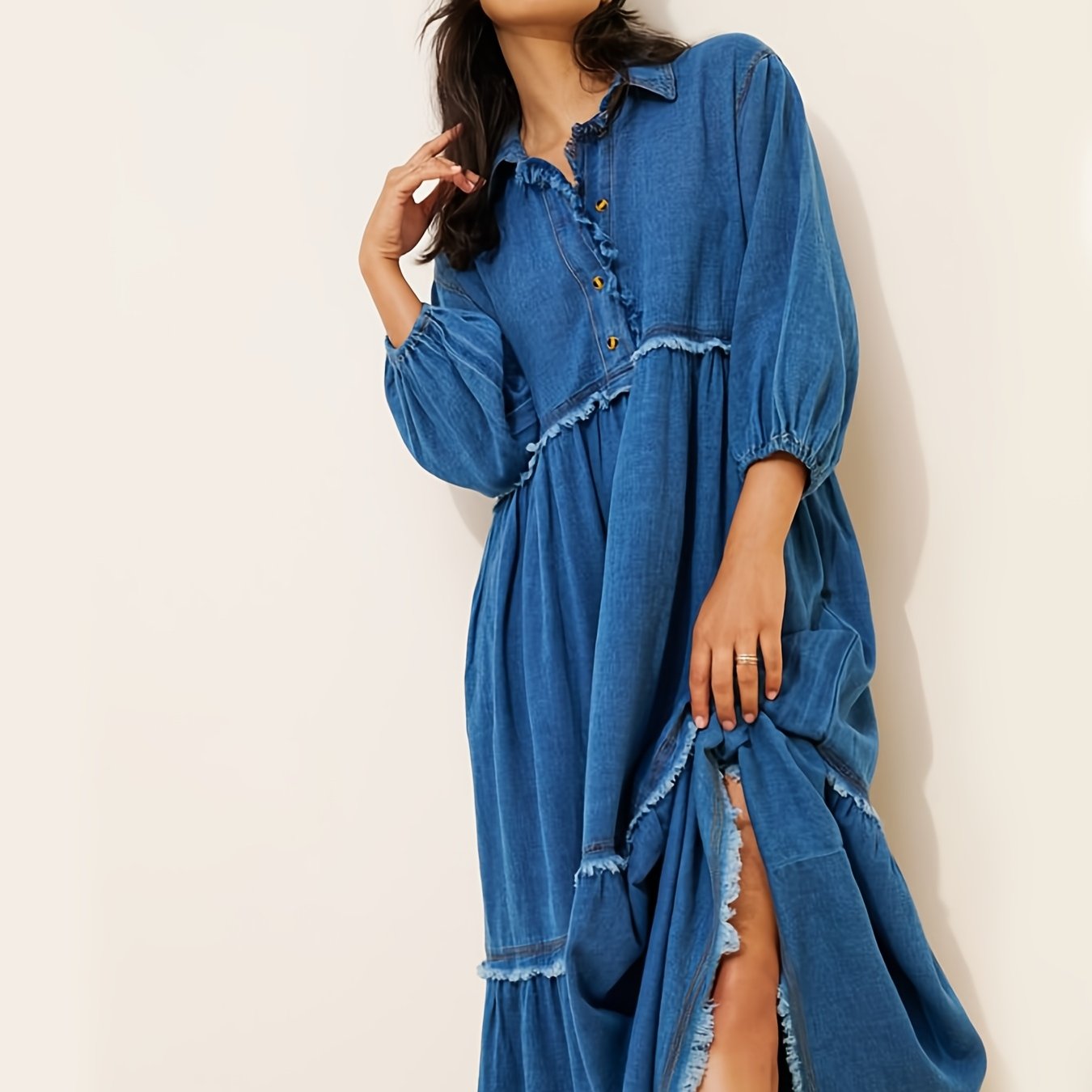 Image of Plus Size, New Plus-size Women's Dress, Retro Layered Denim Dress With A Loose Babydoll Silhouette, Edge Splicing Design, Casual And Figure-flattering