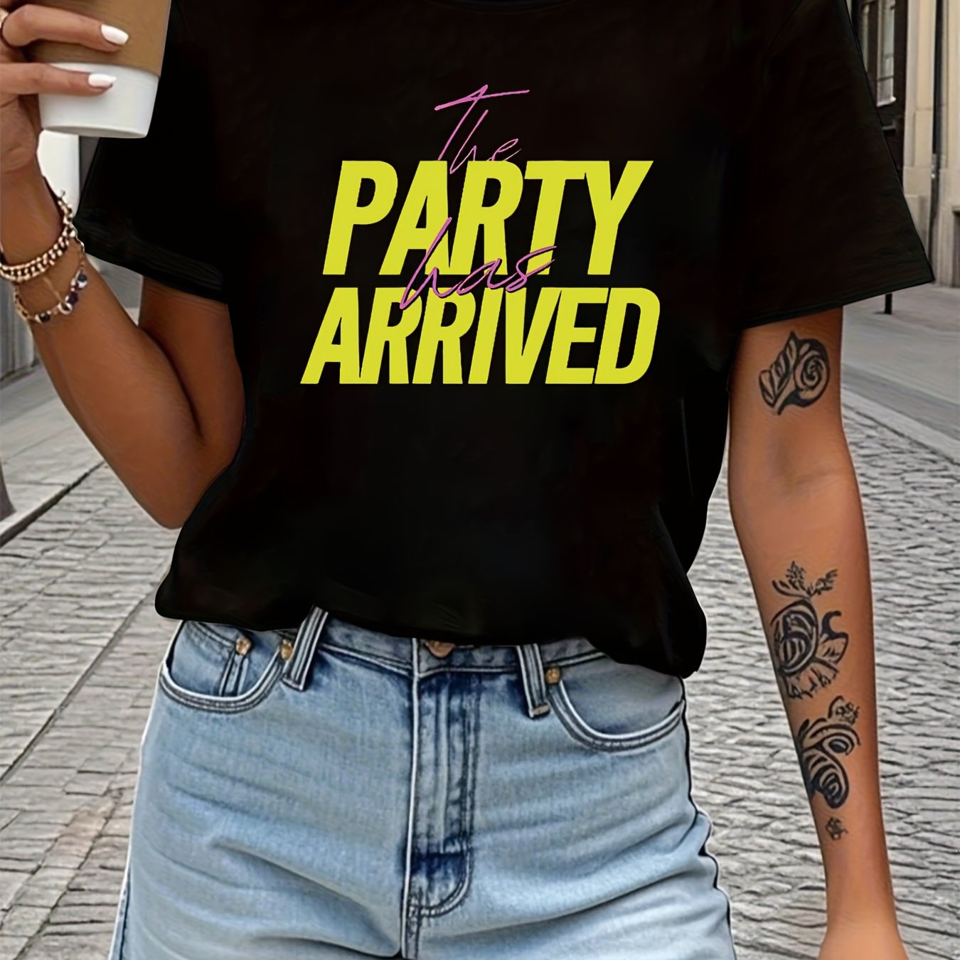 Image of Women's The Party Has T-shirt - Short Sleeve Crew Neck Casual Blouse Top With Letter Print, Medium Stretch Spring Summer Party Outfits, Non- Suitable For Wear, Machine Washable Everyday Clothing