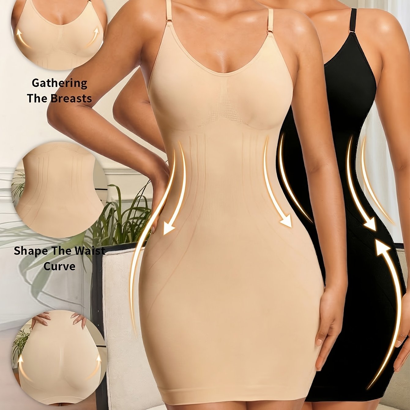 Image of 2pcs Vvl Women's Adjustable Backless - Sleeveless Tummy Control Bodysuit With Lifter, Soft Breathable Short Shapewear Dress Suitable For Daily Wear,, Wedding,, Postpartum, Body Shaper