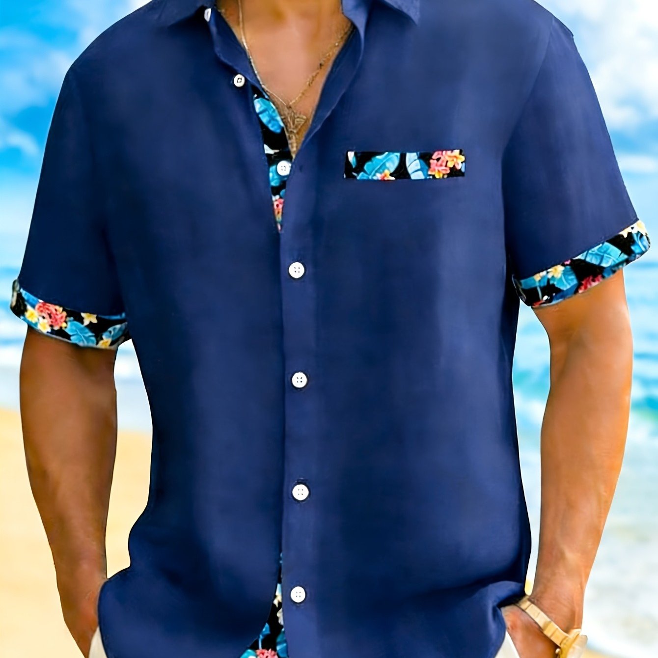 TEMU [print Design â Not Textured] Casual Floral Partial Contrast Print, Men's Button-up Hawaiian Camp Collar Shirt, Great Gift For
