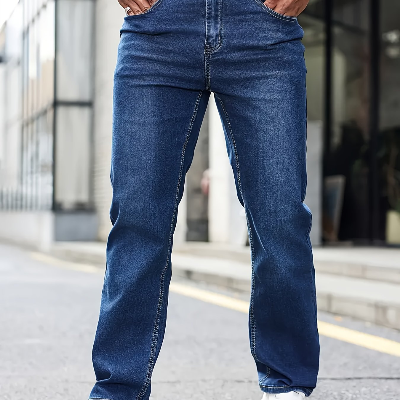 Image of Men's Plus Size High-waisted Thick Elastic Denim Casual Pants, Plus Size, Autumn Menswear