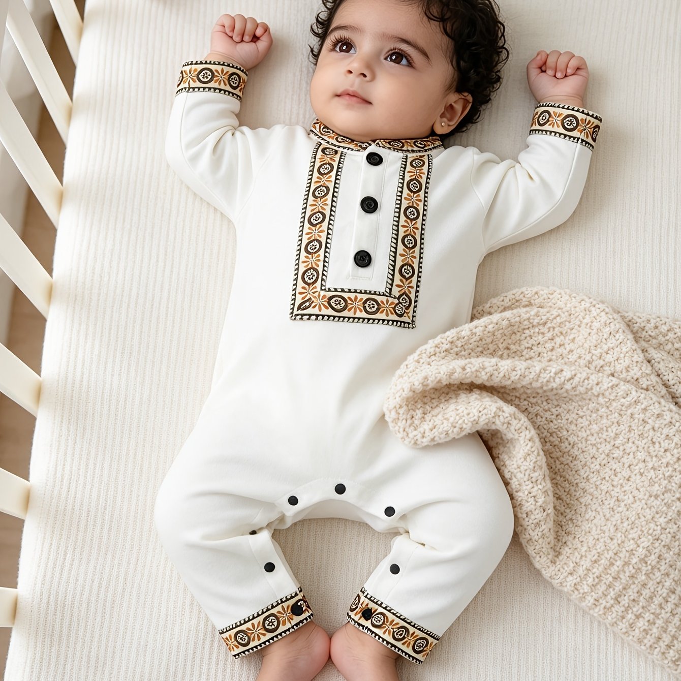 Image of Baby Boy's Eid Outfit White Jumpsuit With Arabic Geometric Print, Festival Of Sacrifice Themed Romper, Classic Collared, Gift For Families, Newborn, Outdoor Celebration Attire, Perfect For Outdoor