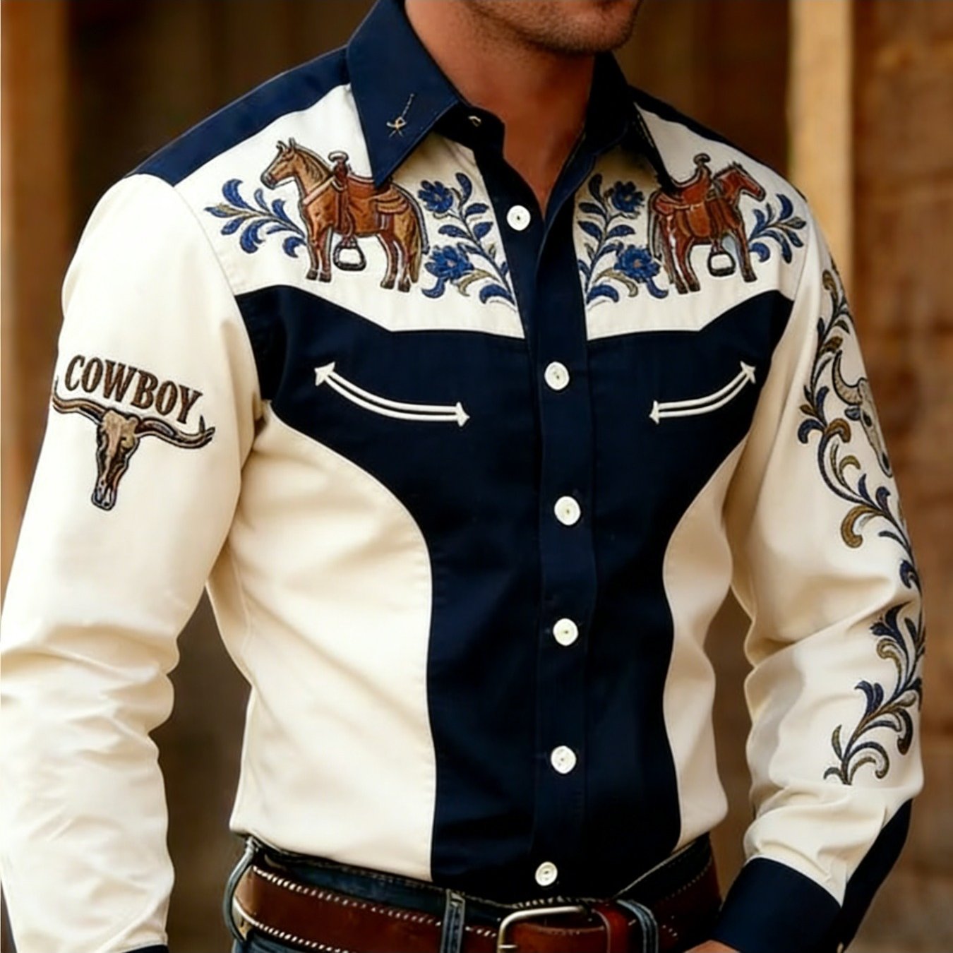 Plus Size Men's Long Sleeve Collared Shirt, Traditional Print, Men's Collared Shirt, Button-up Collared Shirt, Outdoor Collared Shirt, Casual Wear, Suitable For Occasions