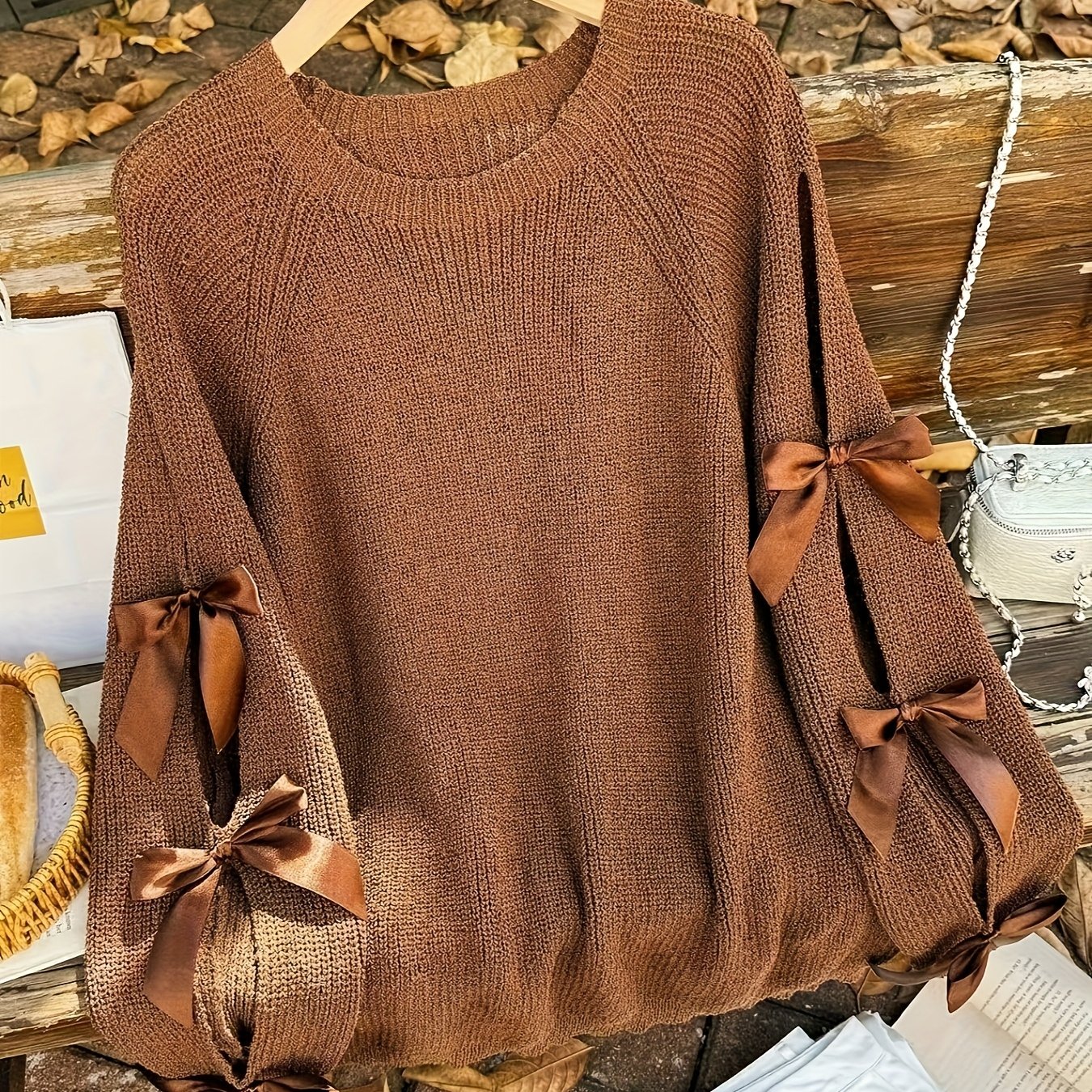 TEMU 2026 New Style Bow- Top For Women, Autumn/winter Loose Fit Slouchy Crew Neck Pullover Sweater, Niche Design Lantern Sleeves, Soft And Versatile