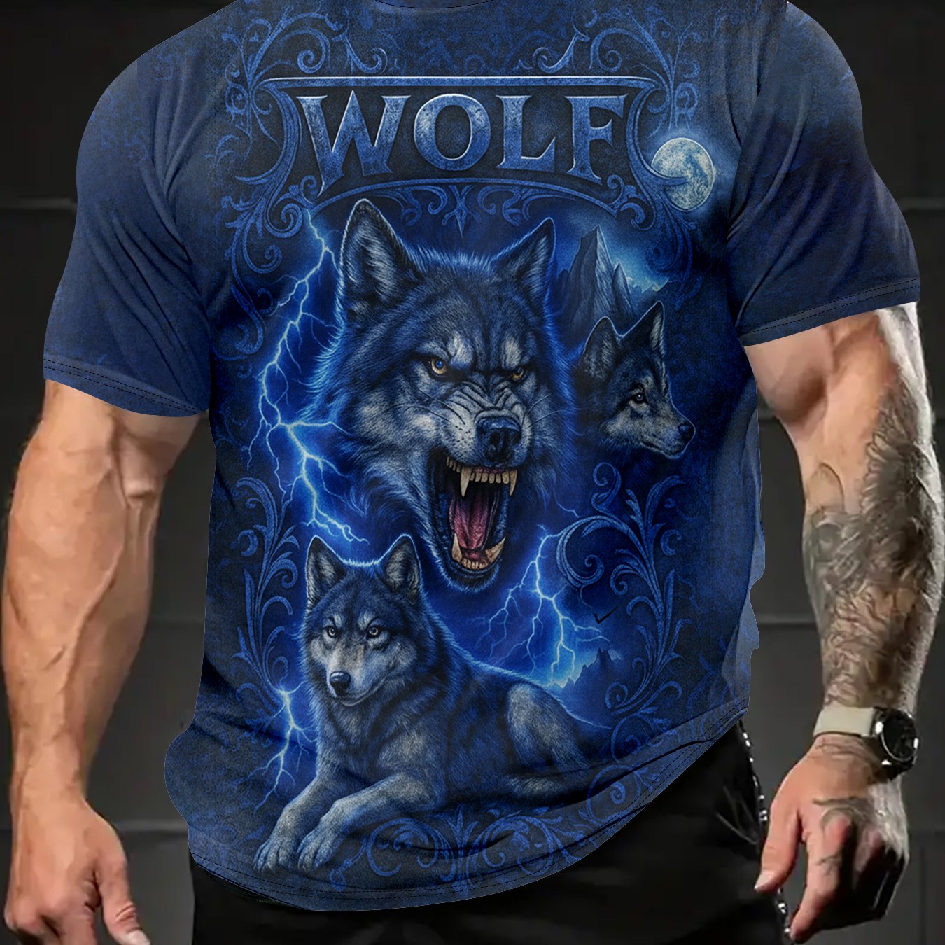 TEMU 2026 's 3d Print Wolf Totem Short Sleeve T-shirt, Cool Lightning And Moonlight Surround 3 Wolves, Wild And Full Of Power, Suitable For Summer