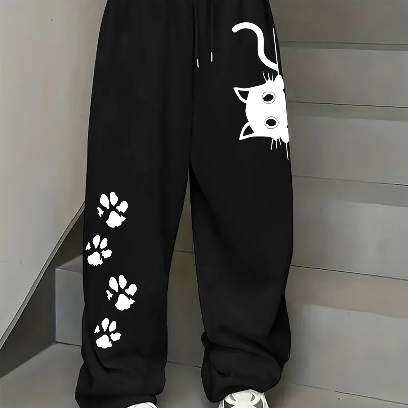 TEMU Drawstring Elastic Wide-leg Straight Pants For Women With Slogan Printing, Casual, Loose, Retro Straight Long Pants; Teacher Outfits, Graduation
