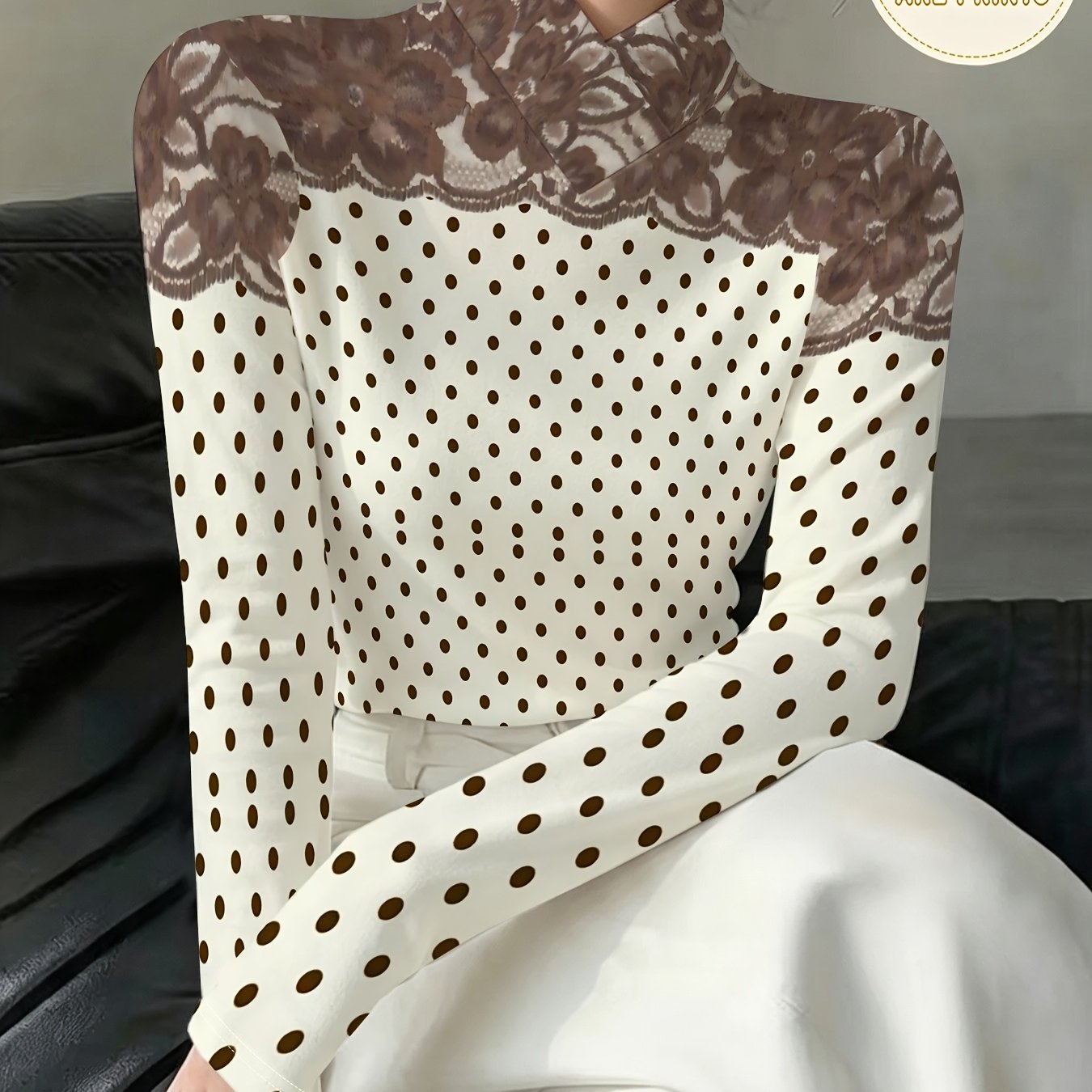 TEMU Midi Polka Dot Lace-style Printed Women's Cross-neck Base Layer Top, Autumn/winter Vintage Long Sleeve Slim-, Simple Commuter Trendy Inner Wear