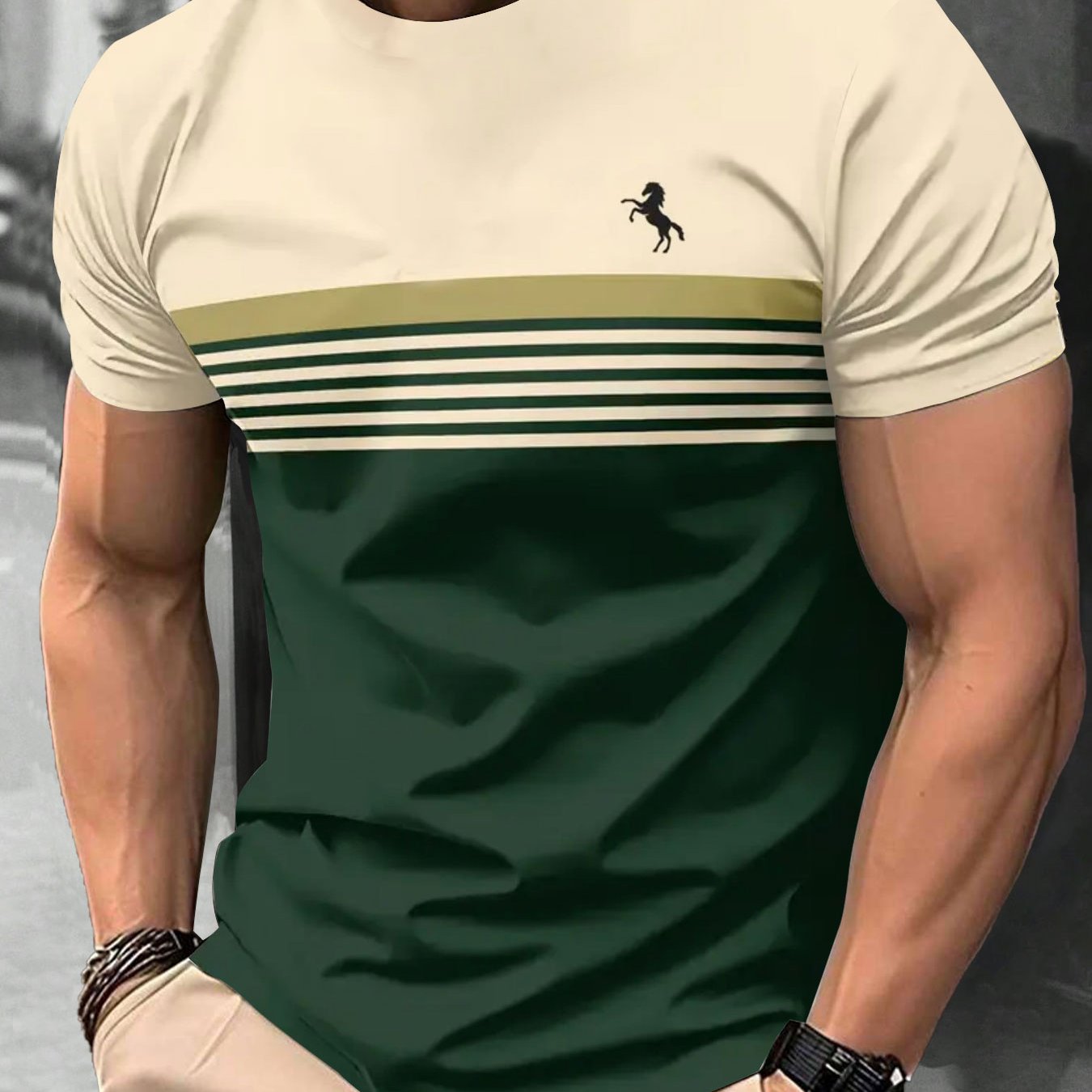 TEMU Men's Casual Short Sleeve T-shirt - Striped Design Print, Breathable Summer Tee, Regular Fit, Machine Washable