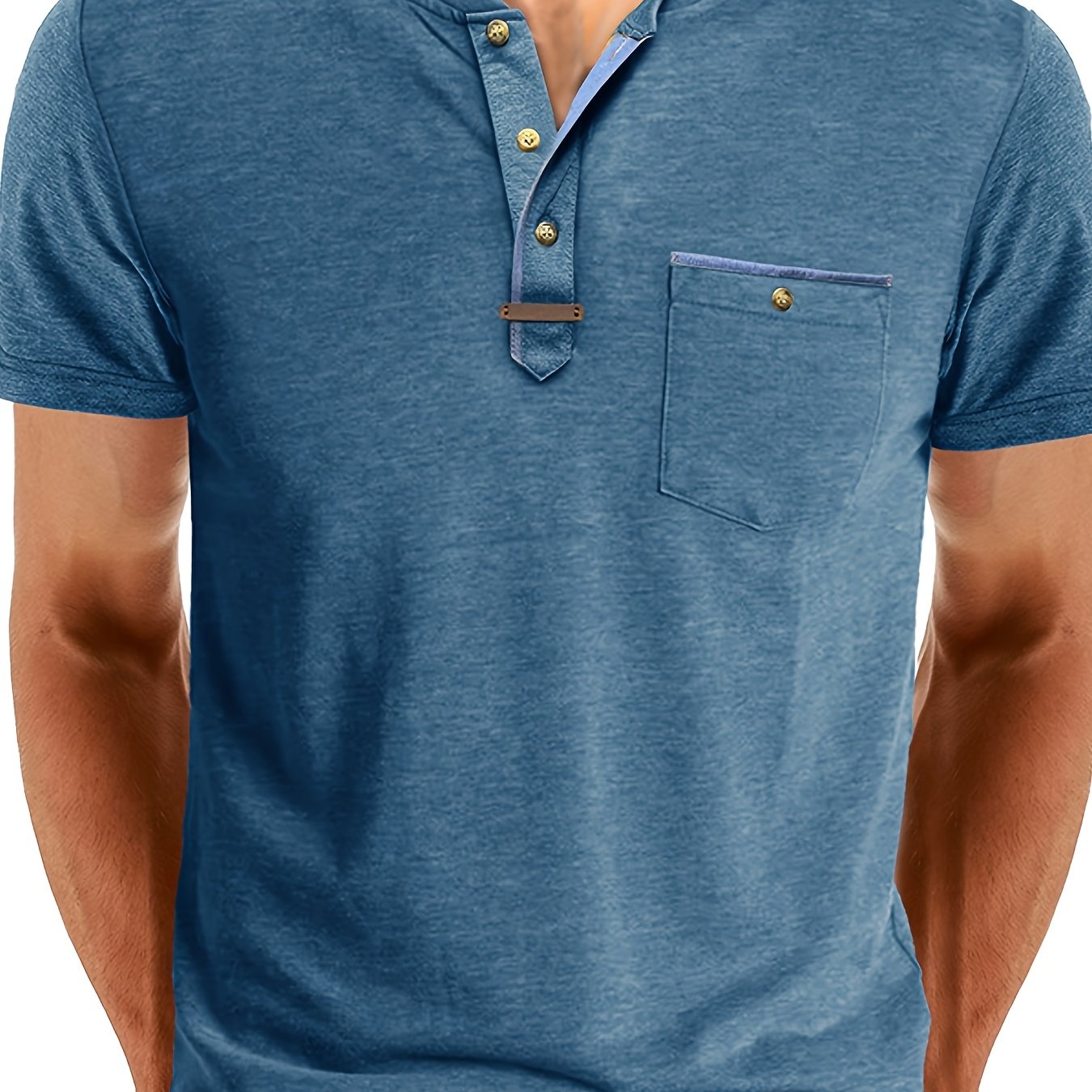Image of Plus Size Men's Summer Short Sleeve Round Neck T-shirt, Vacation Casual Solid Color Casual Henley Shirt Pocket Top