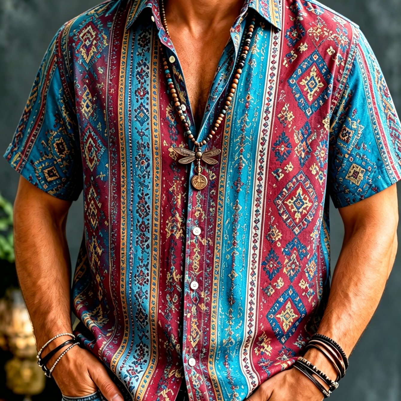 TEMU Men's Vintage Bohemian Short-sleeve Button-up Shirt - Lightweight Breathable Collar Top With Ethnic Patterns & Geometric , Suitable For Summer