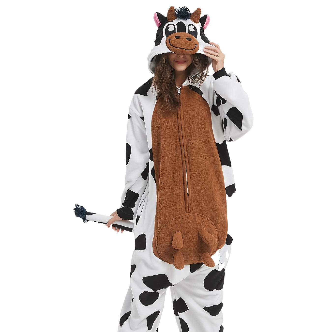 Image of 3d Cow Adult Autumn And Winter Fleece Novelty Animal Jumpsuit Pajamas Women's Masquerade Costume Thickened Cartoon Hooded One-piece Jumpsuit Role Play Costume Gift
