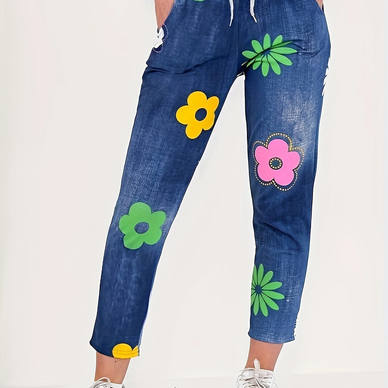Cute Cartoon Floral Print Drawstring Elastic Ankle Pants