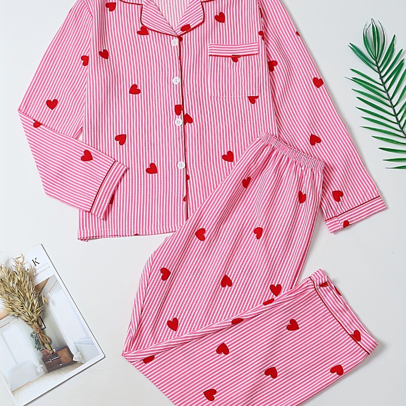 2pcs Women's Pajama Set, Spring Summer, Collared Long Sleeve And Long Pants, Cardigan For Fall Winter, Cute Striped Print