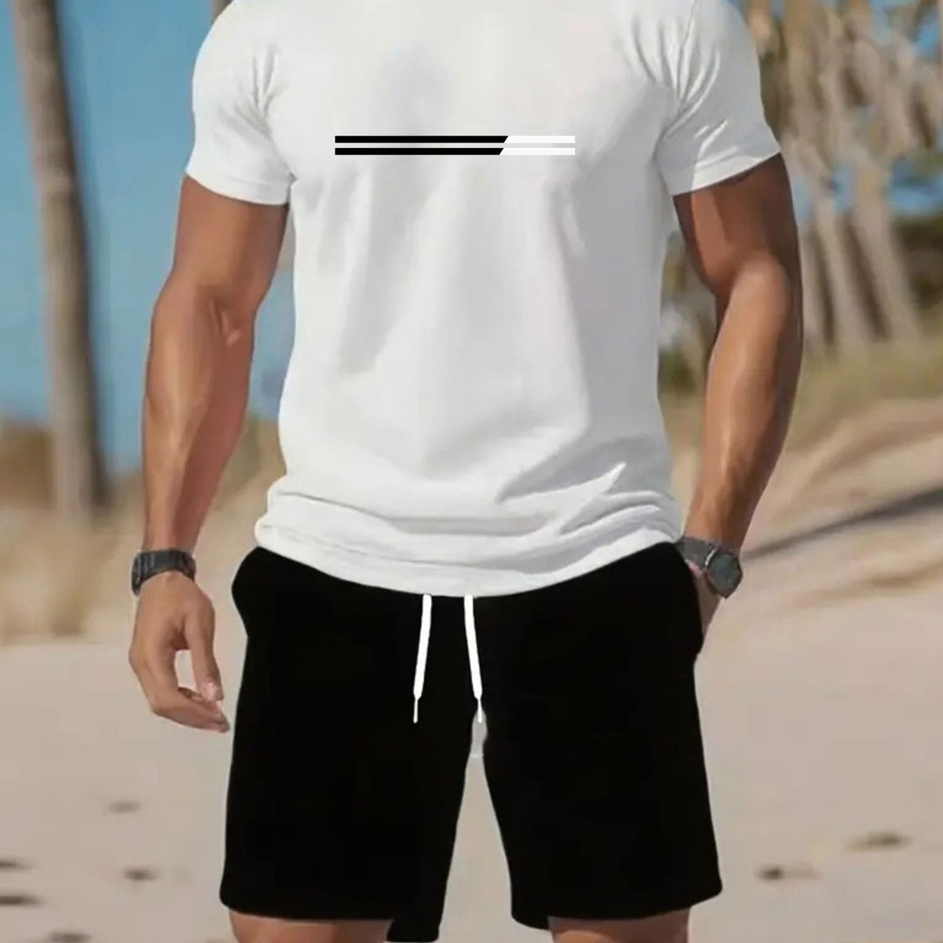 TEMU Men's Minimalist Color-block Line-themed Set, Summer Breathable Loose- Neck T-shirt + Shorts 2pcs Set